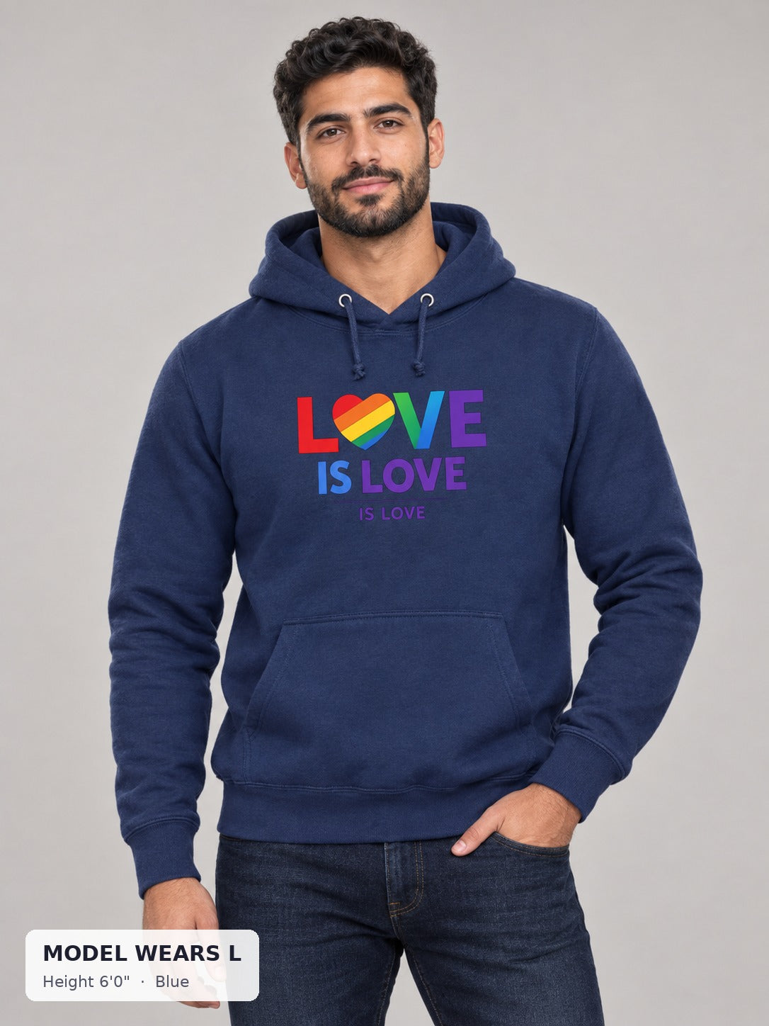 Love Is Love Rainbow Hoodie in Blue on an athletic model wearing size L, 6'0" - Good Trouble Fashion