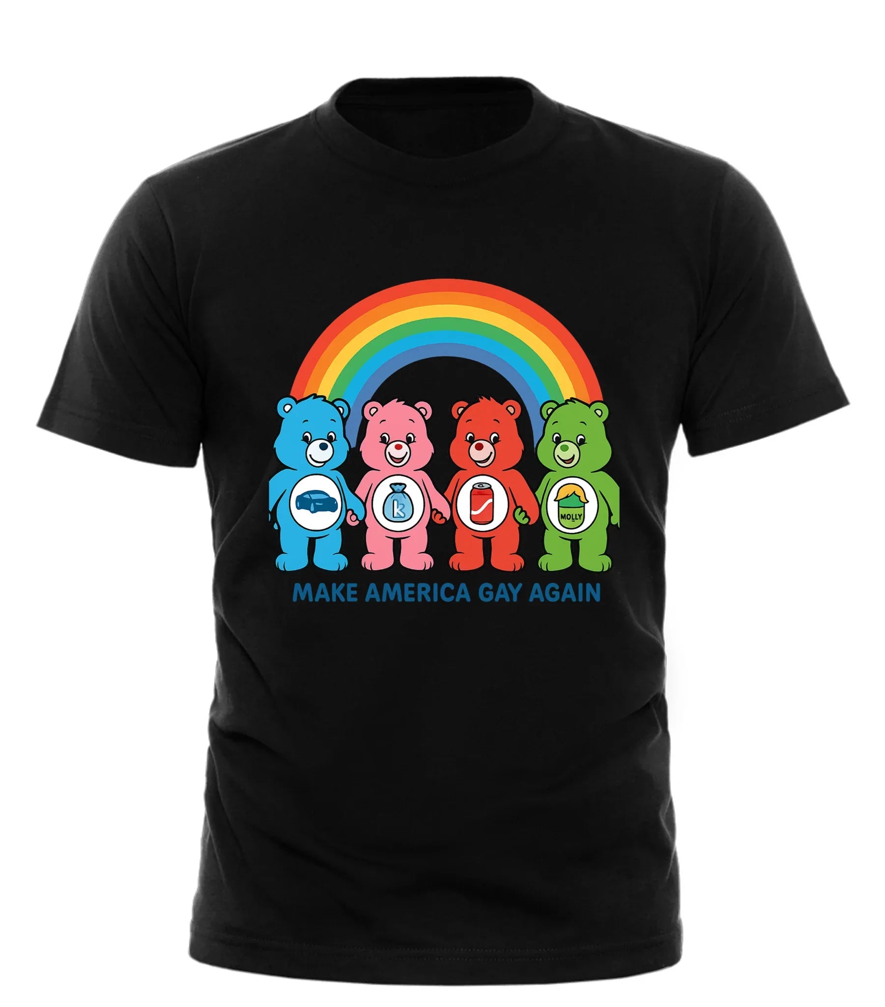 Black Good Trouble Garments Make America Gay Again tee with colorful rainbow and four cartoon bears design