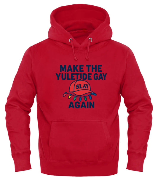 Red hoodie featuring the phrase Make the Yuletide Gay AGAIN with festive light design for holiday cheer