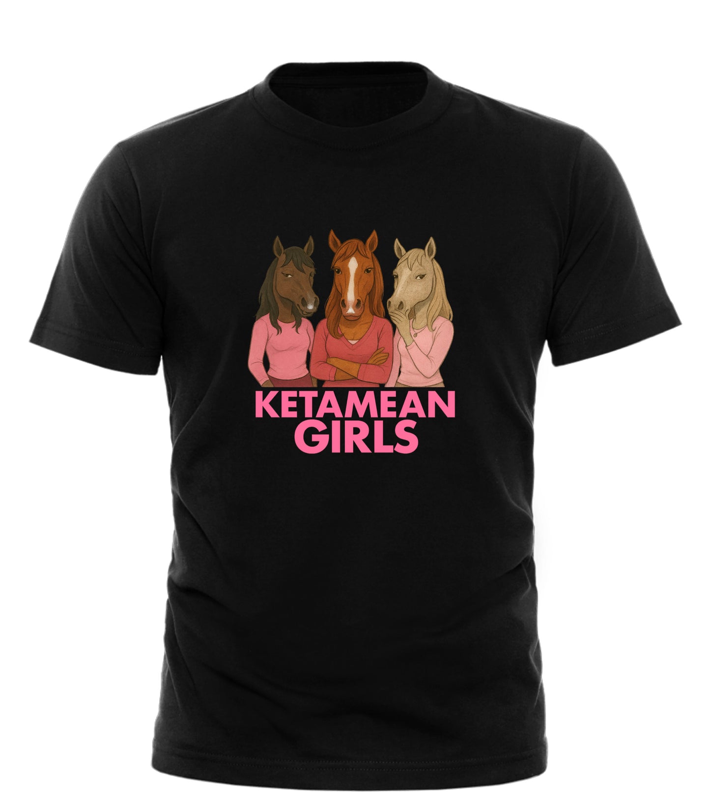 Good Trouble Garments black mean girls parody shirt with three illustrated horses wearing pink tops