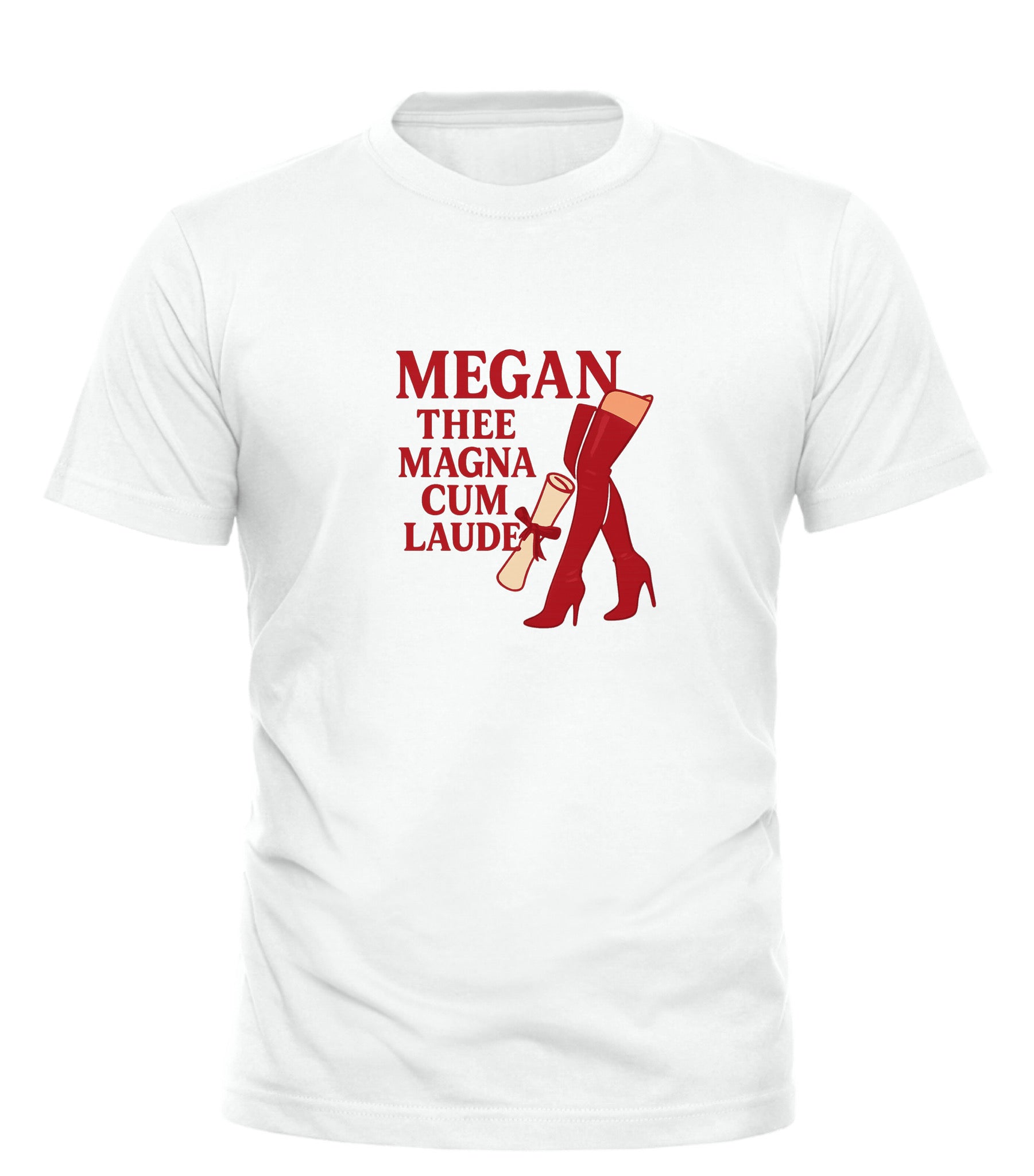 White Good Trouble Garments shirt with Megan Thee Stallion parody shirt graphic featuring red thigh-high boots and diploma