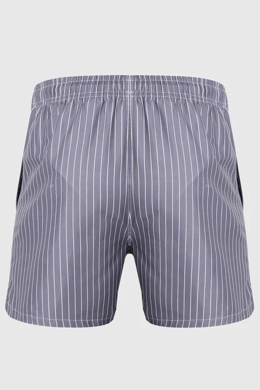 Good Trouble Garments men's striped swim shorts in gray with white vertical stripes and elastic waistband