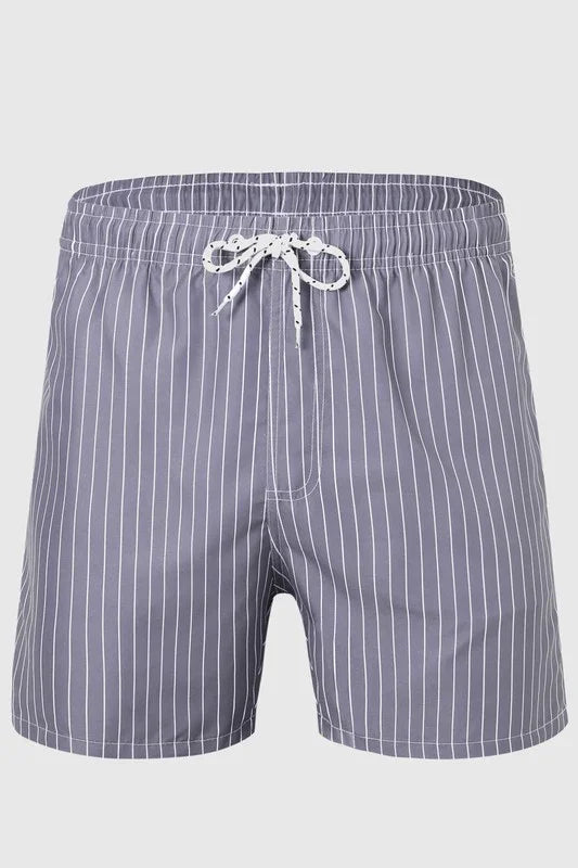 Good Trouble Fashion men's striped swim shorts in gray with white vertical stripes and drawstring waist
