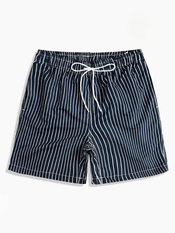 Good Trouble Garments men's striped swim shorts in navy with white vertical stripes and drawstring waist
