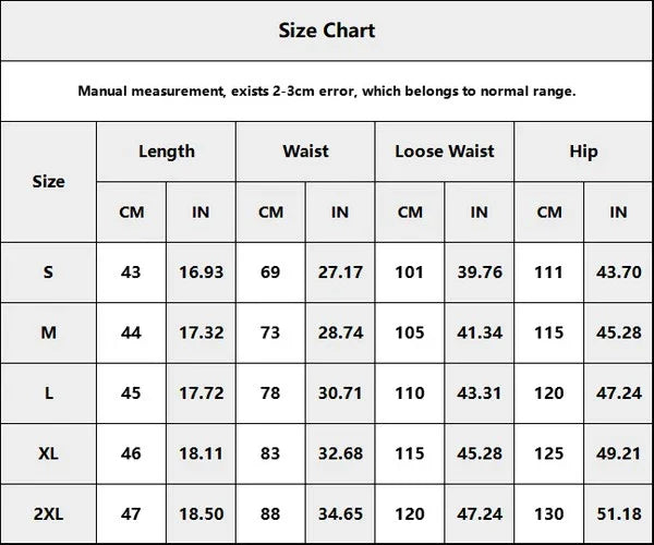 Good Trouble Garments men's striped swim shorts size chart showing measurements for waist hip and length