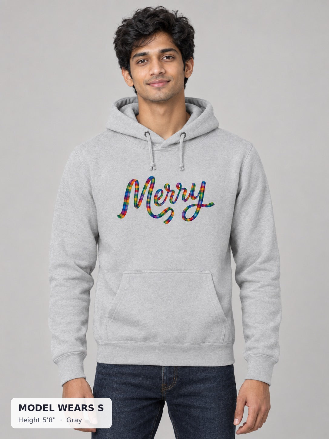 Merry and Bright Holiday Hoodie in Gray on a slim model wearing size S, 5'8" - Good Trouble Fashion