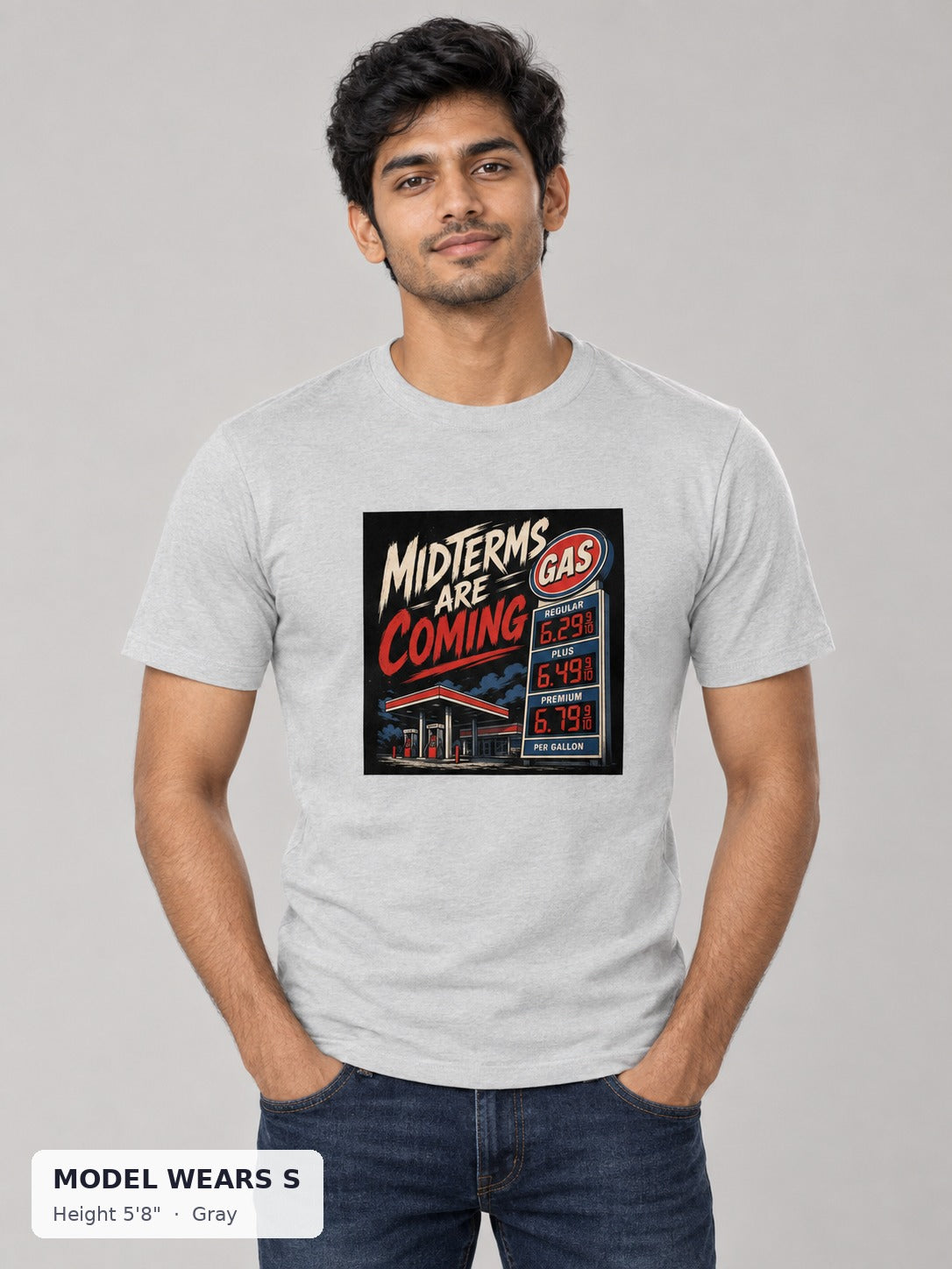 Midterms Are Coming Tee in Gray on a slim model wearing size S, 5'8" - Good Trouble Fashion