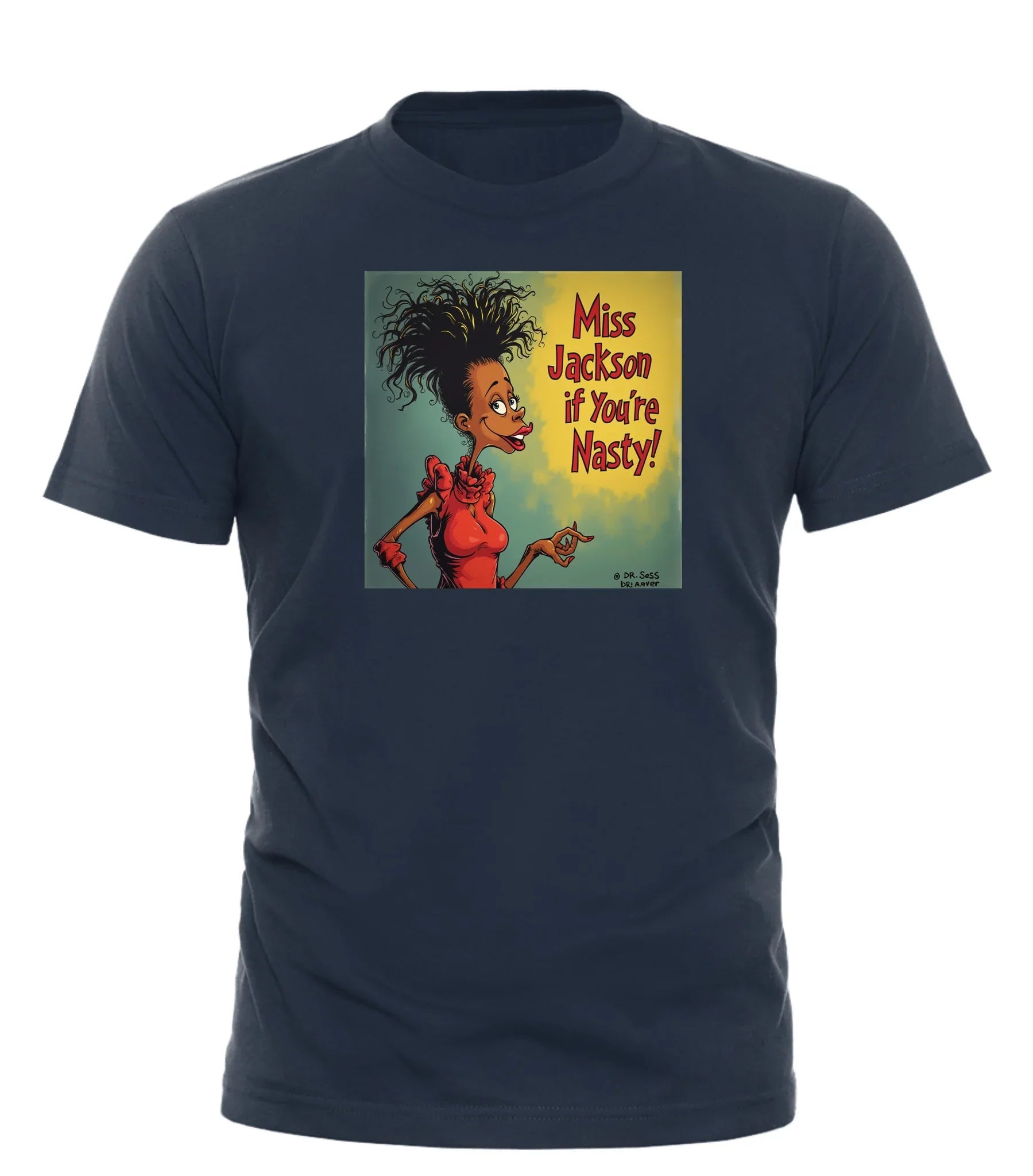 Good Trouble Garments Miss Jackson graphic tee in navy with cartoon character and bold text design