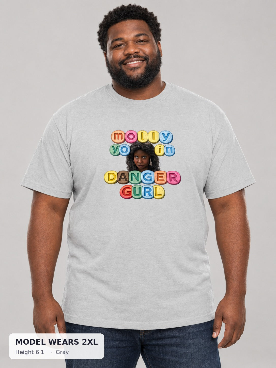 Molly Festival Tee in Gray on a plus-size model wearing size 2XL, 6'1" - Good Trouble Fashion