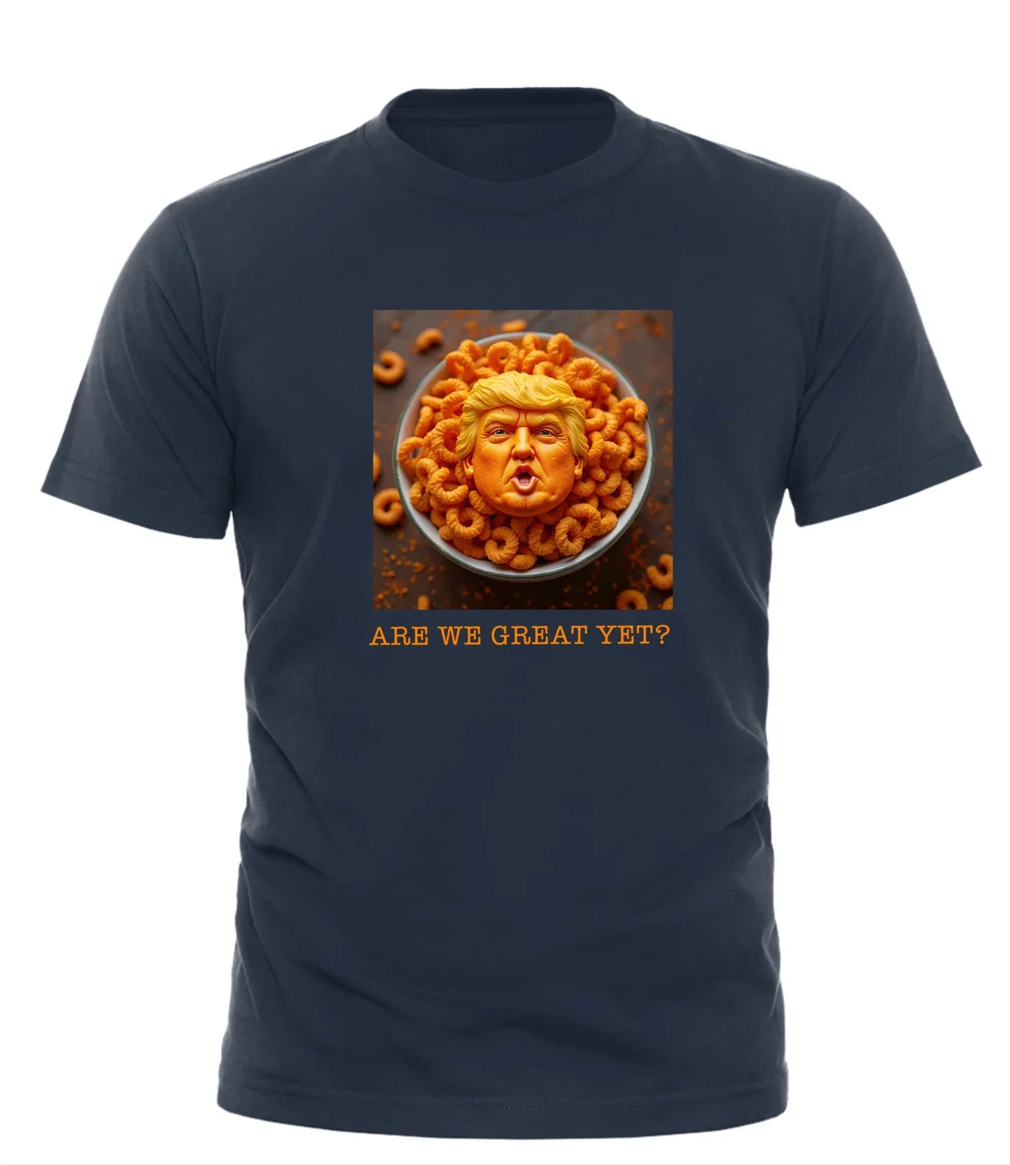 Navy Good Trouble Garments orange puff Trump parody shirt with humorous cereal box design and Are We Great Yet text