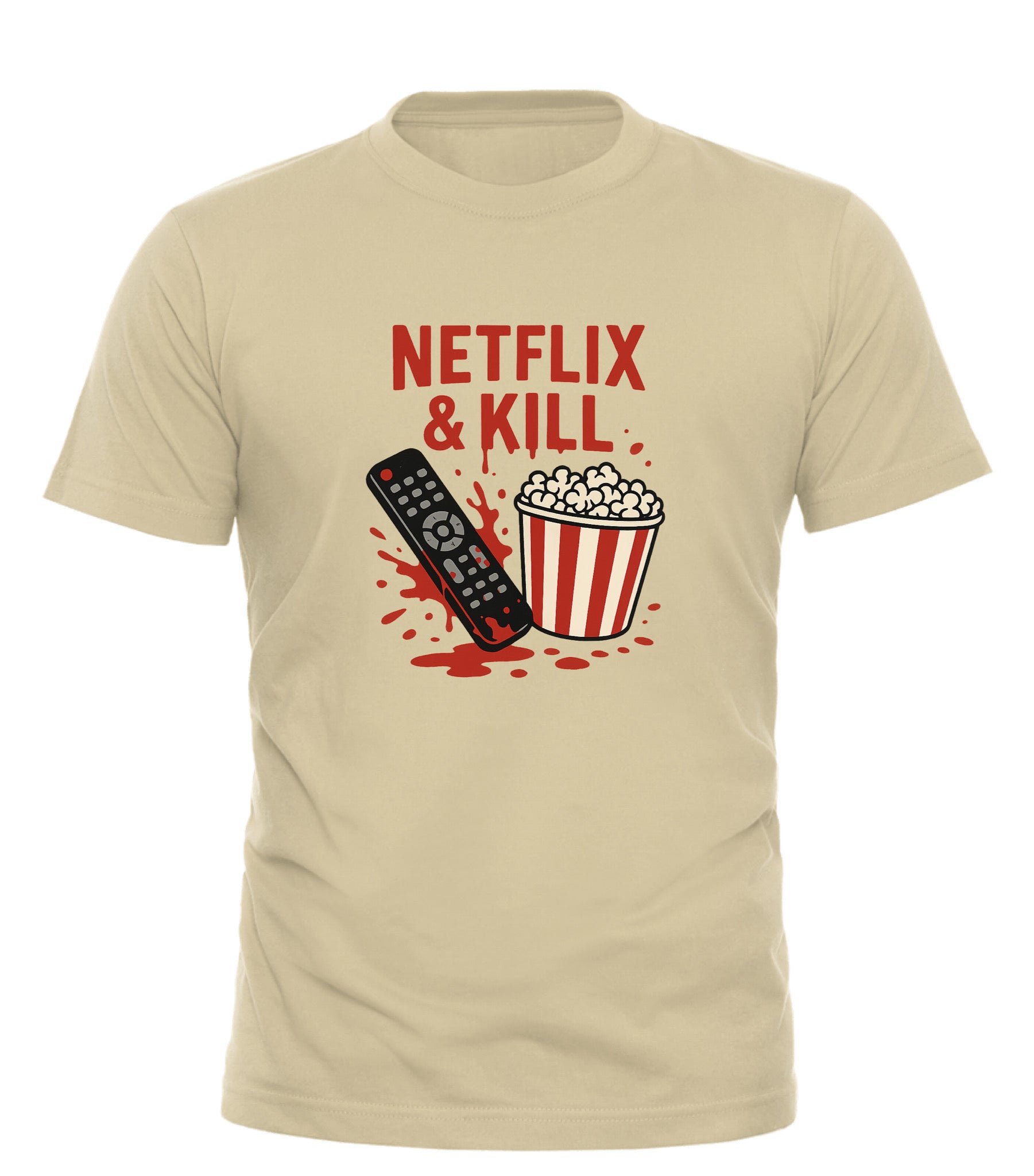 Good Trouble Garments Netflix and Kill shirt beige with remote and popcorn graphic