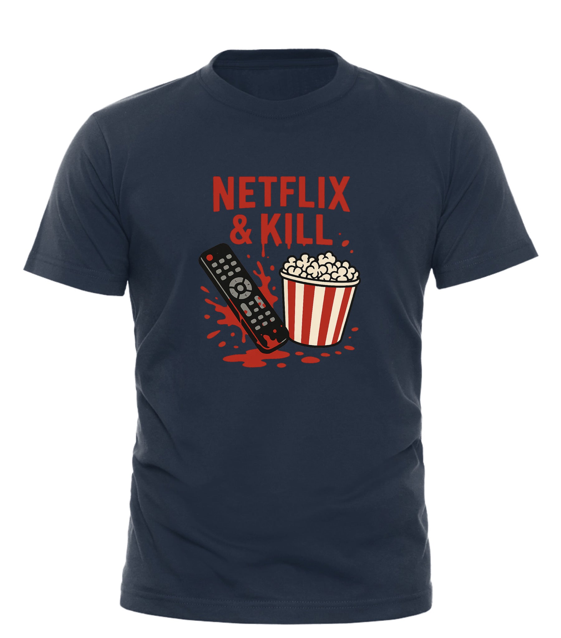 Good Trouble Garments Netflix and Kill shirt with remote control and popcorn graphic on black tee