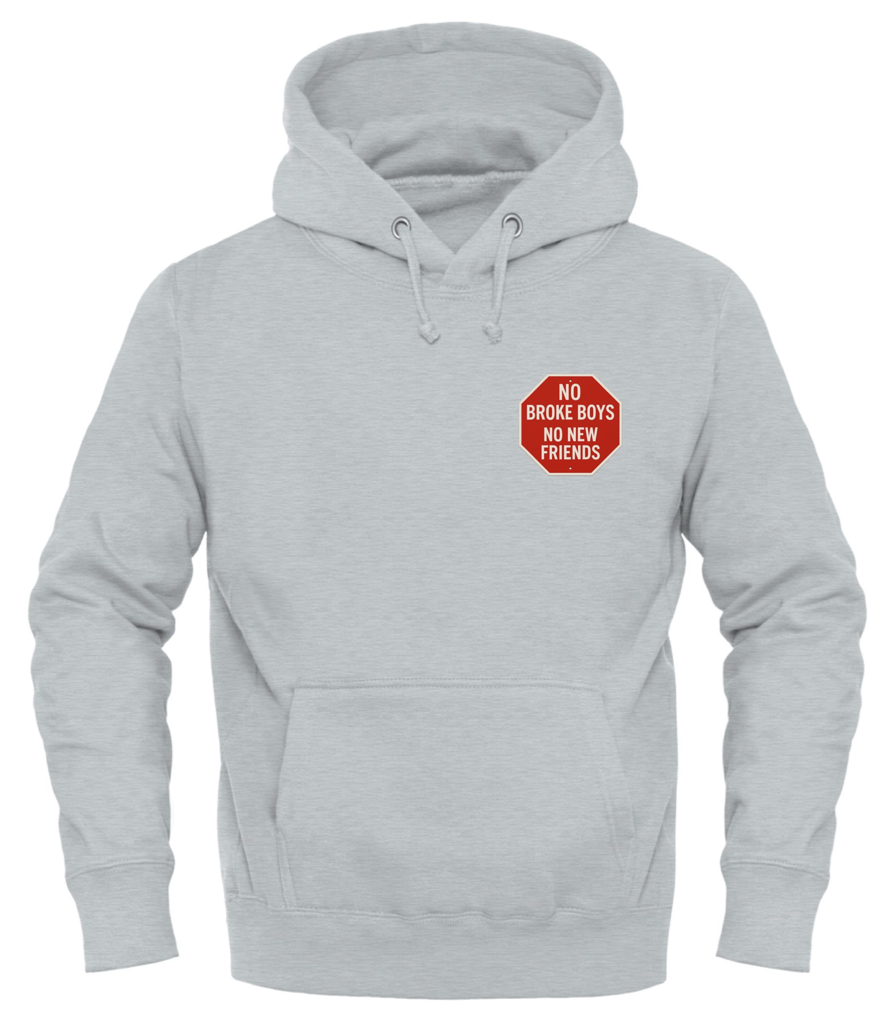 Gray Good Trouble Garments hoodie featuring 'No Broke Boys' emblem for casual fashion lovers
