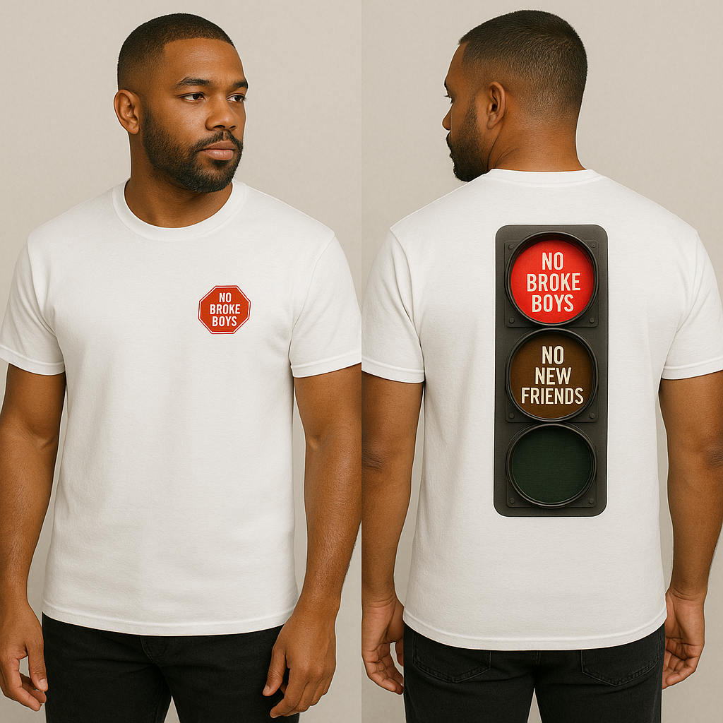 White no broke boys t-shirt featuring a traffic light graphic and bold messaging on the back