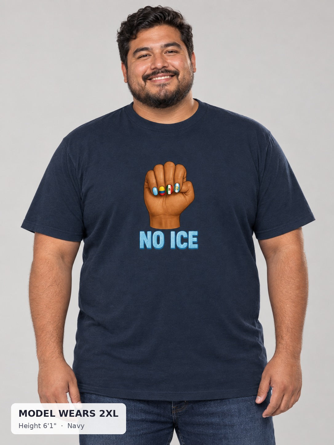 No Ice Tee in Navy on a plus-size model wearing size 2XL, 6'1" - Good Trouble Fashion