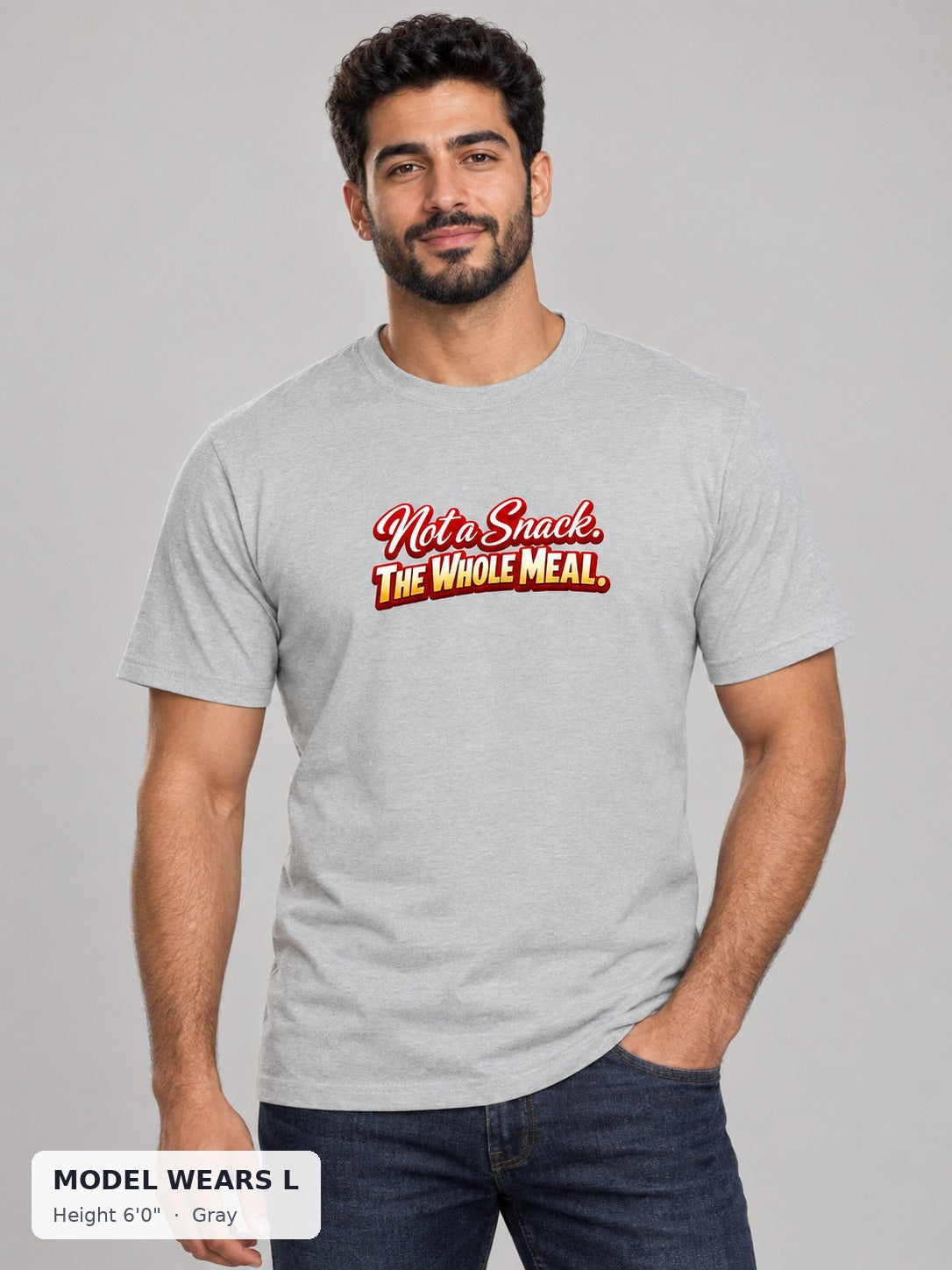 Not a Snack Tee in Gray on an athletic model wearing size L, 6'0" - Good Trouble Fashion