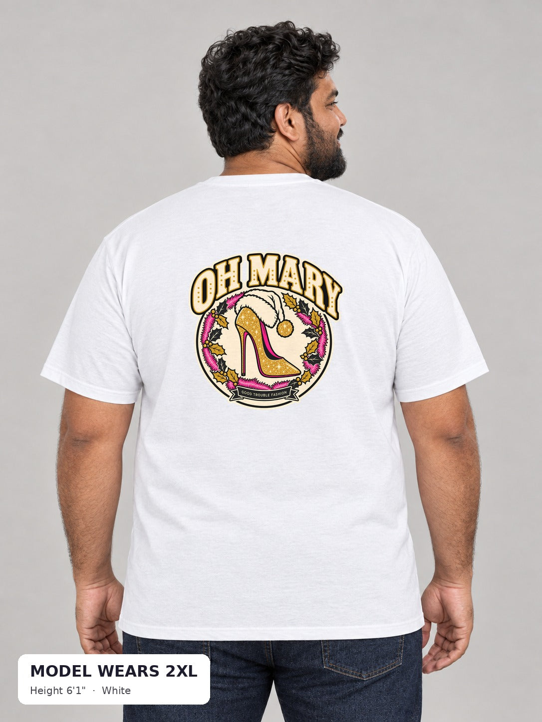 Oh Mary Holiday Tee in White on a plus-size model wearing size 2XL, 6'1" - Good Trouble Fashion