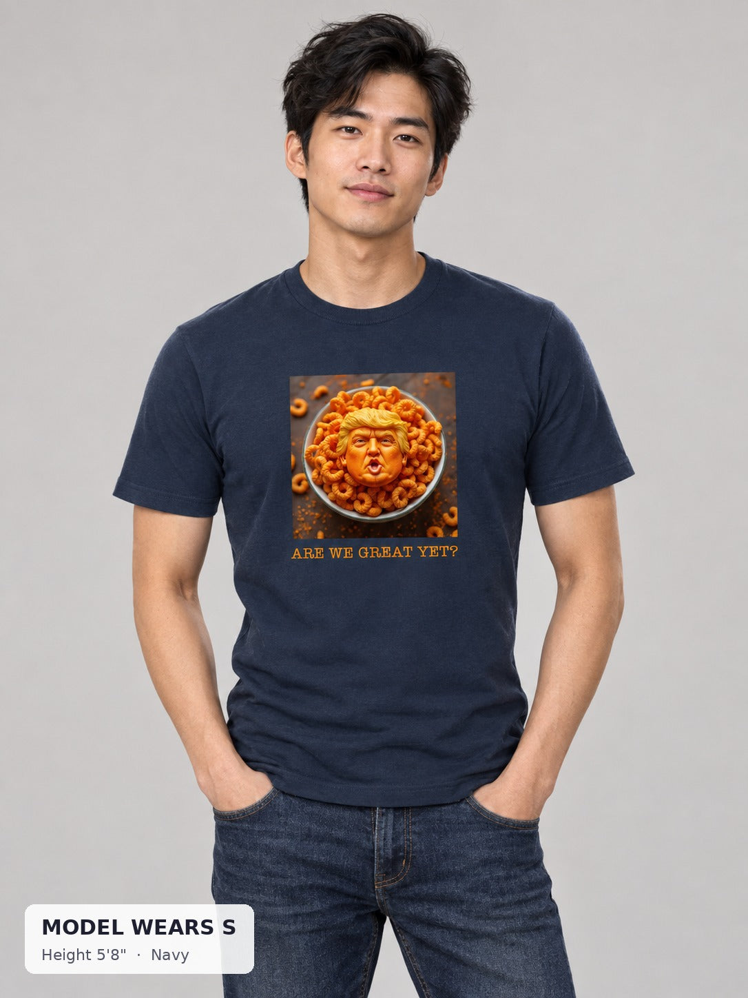 Orange Trump Parody Tee in Navy on a slim model wearing size S, 5'8" - Good Trouble Fashion