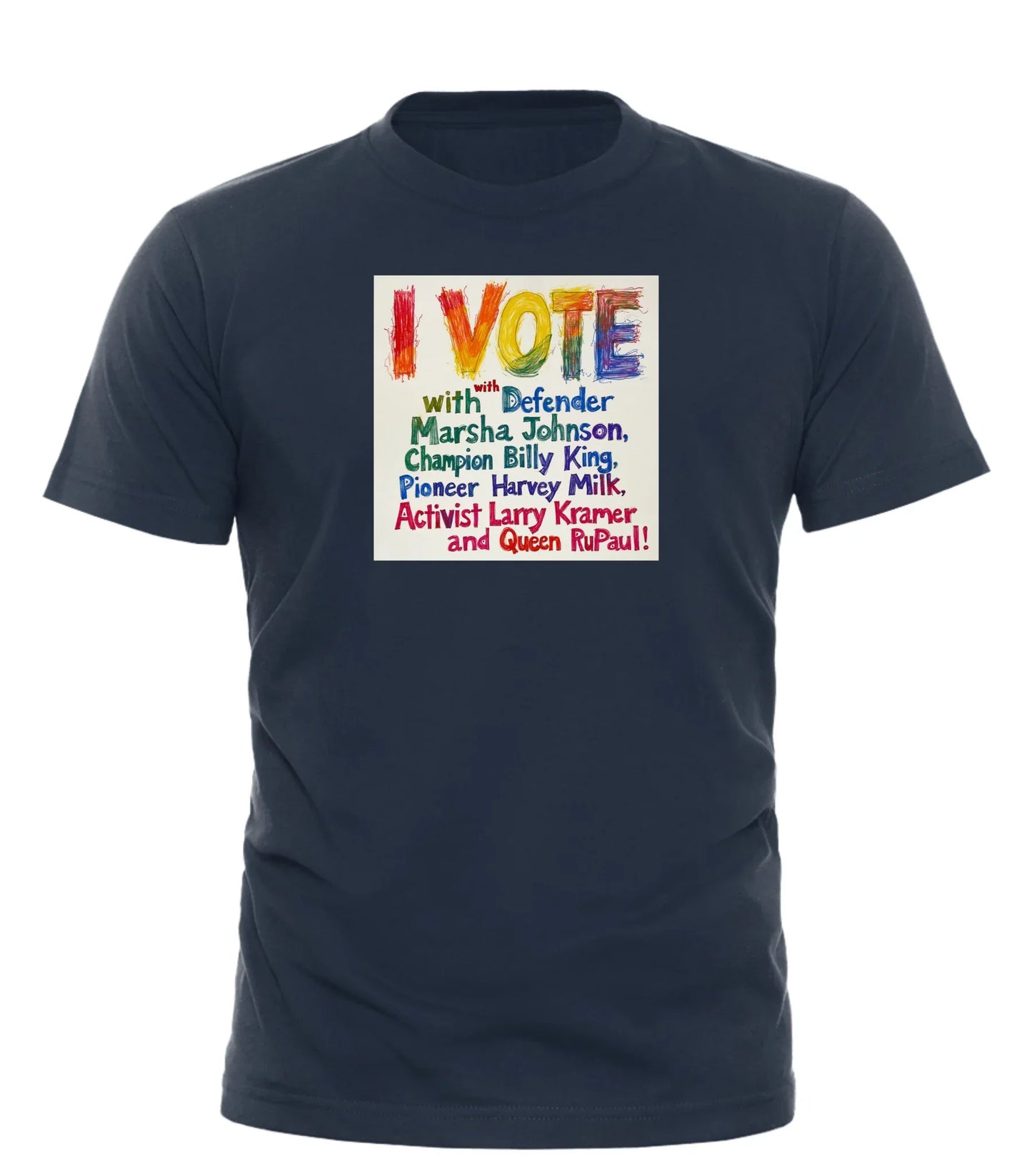 Good Trouble Garments navy political statement t-shirt for election with colorful I VOTE graphic
