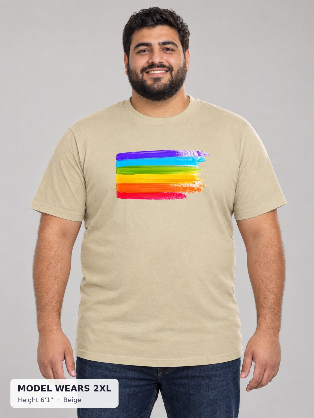 Pride Is Beautiful Rainbow Tee in Beige on a plus-size model wearing size 2XL, 6'1" - Good Trouble Fashion