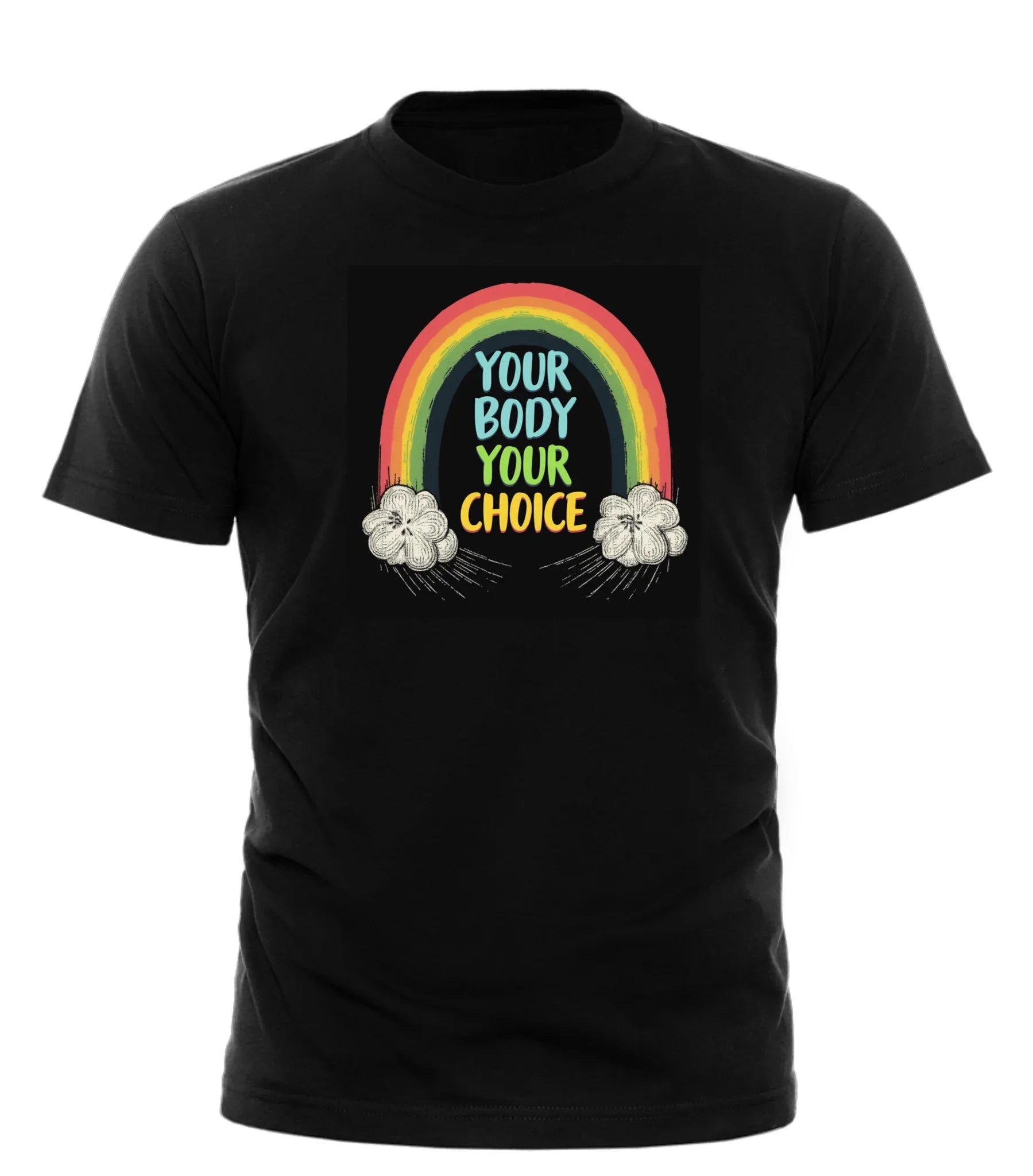 Good Trouble Garments pro choice graphic tee black shirt with rainbow and Your Body Your Choice text
