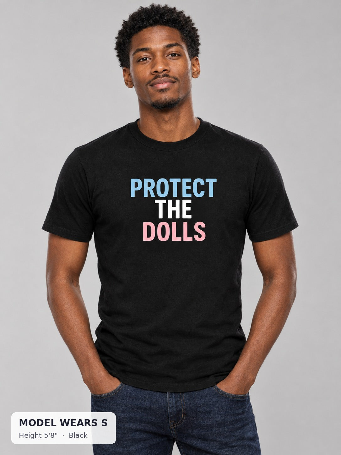 Protect the Dolls Tee in Black on a slim model wearing size S, 5'8" - Good Trouble Fashion