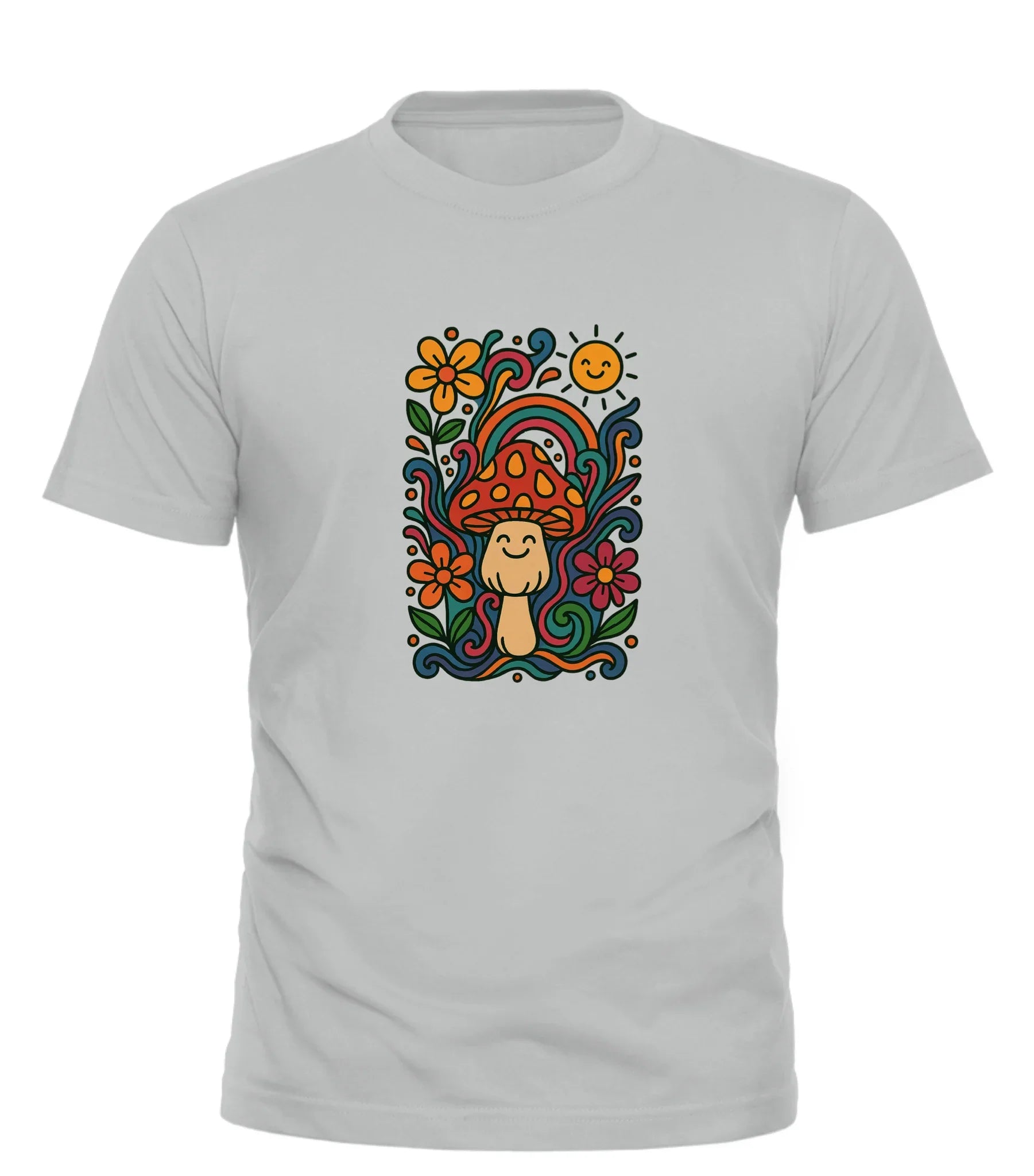 Good Trouble Garments psychedelic graphic tee with colorful mushroom and floral design on light gray background