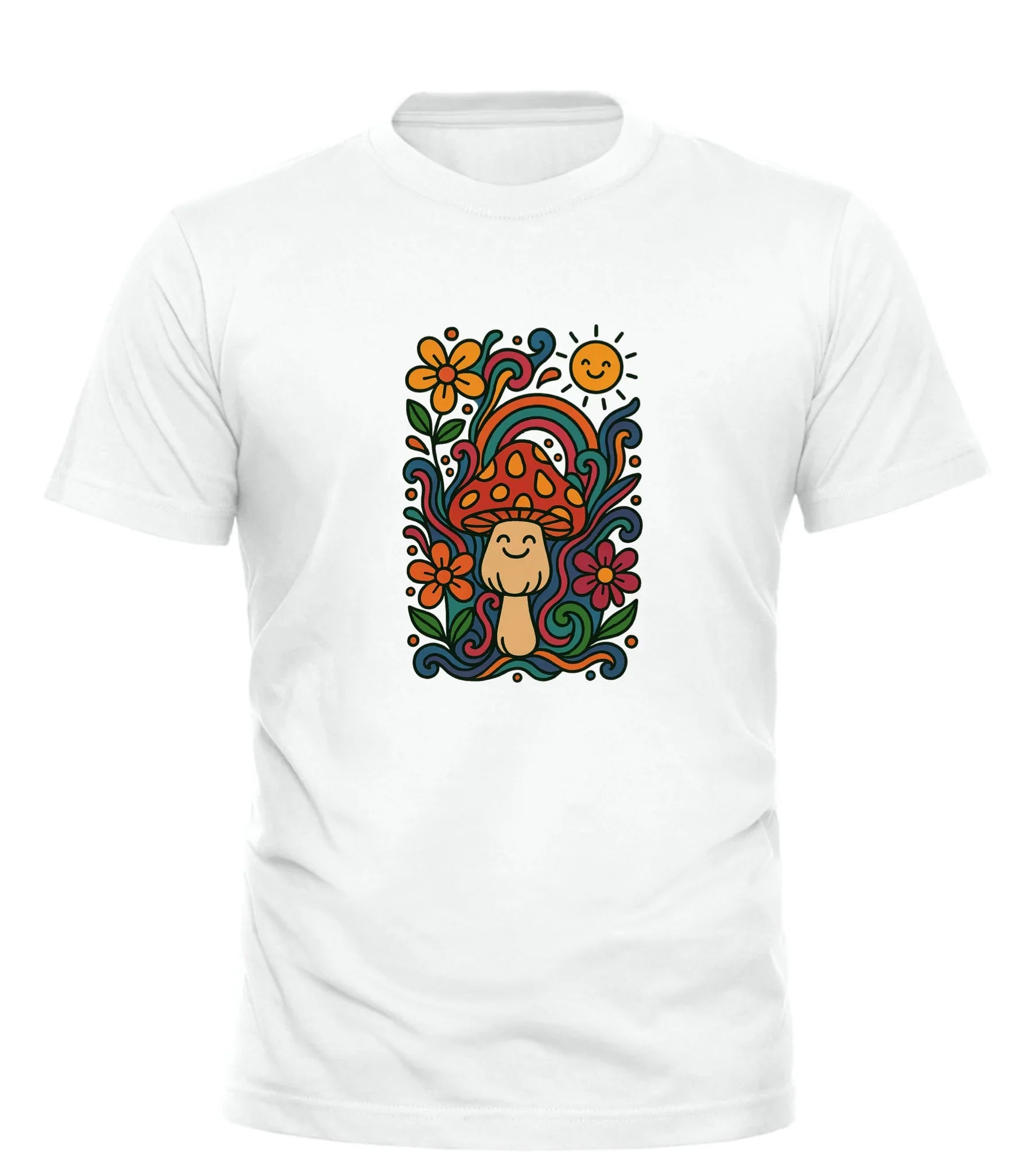 Good Trouble Garments white psychedelic graphic tee with colorful mushroom and floral design