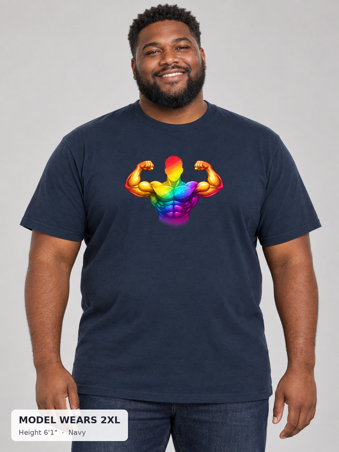 Rainbow Bodybuilder Pride Tee in Navy on a plus-size model wearing size 2XL, 6'1" - Good Trouble Fashion