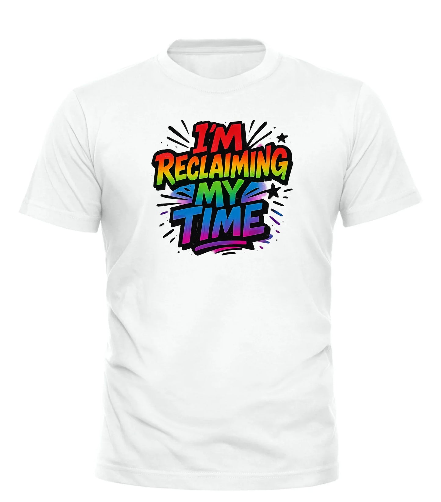 Good Trouble Garments white reclaiming my time shirt with colorful bold graphic text design