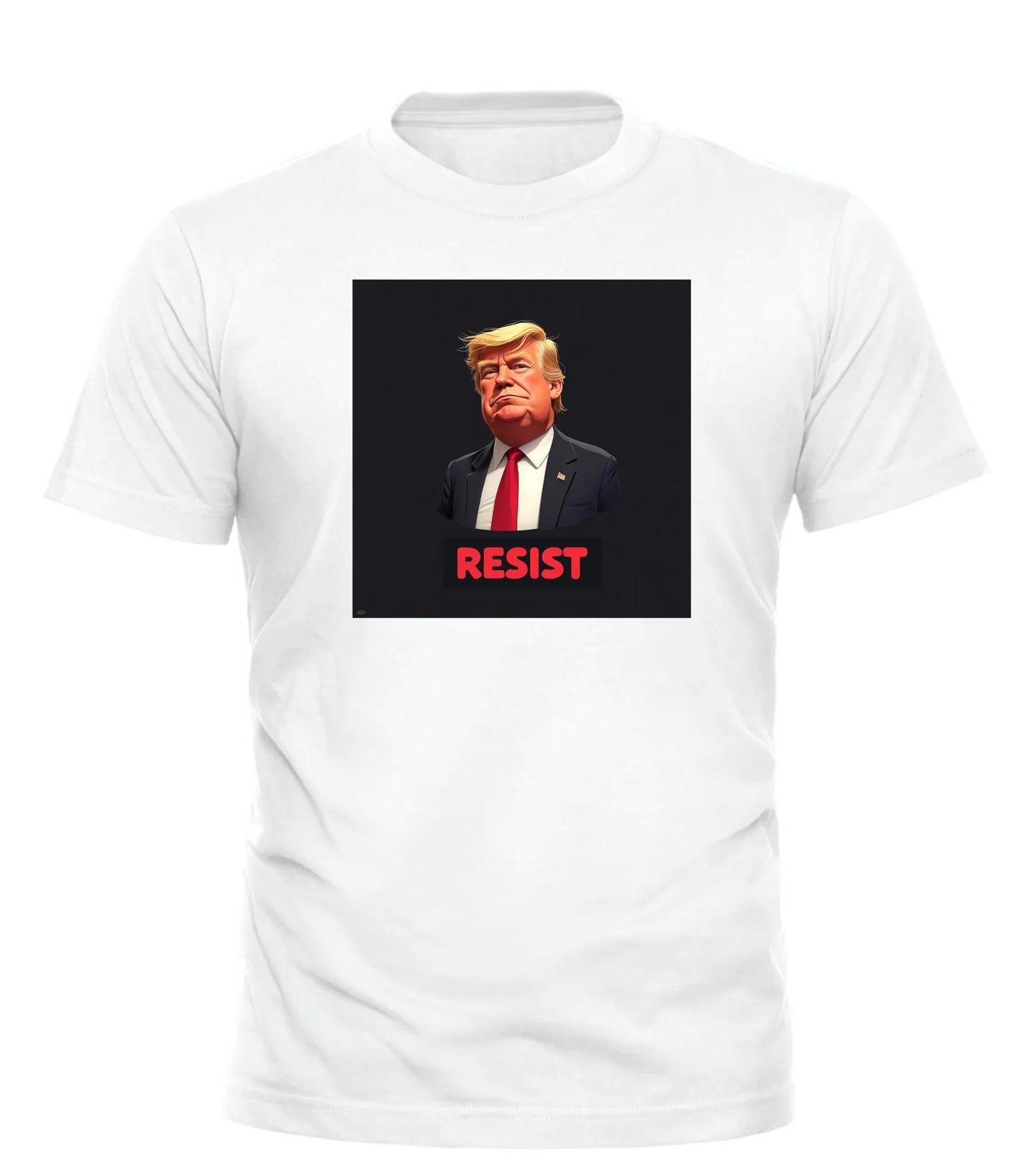 Good Trouble Garments white resist Trump graphic tee with red text and cartoon Donald Trump image