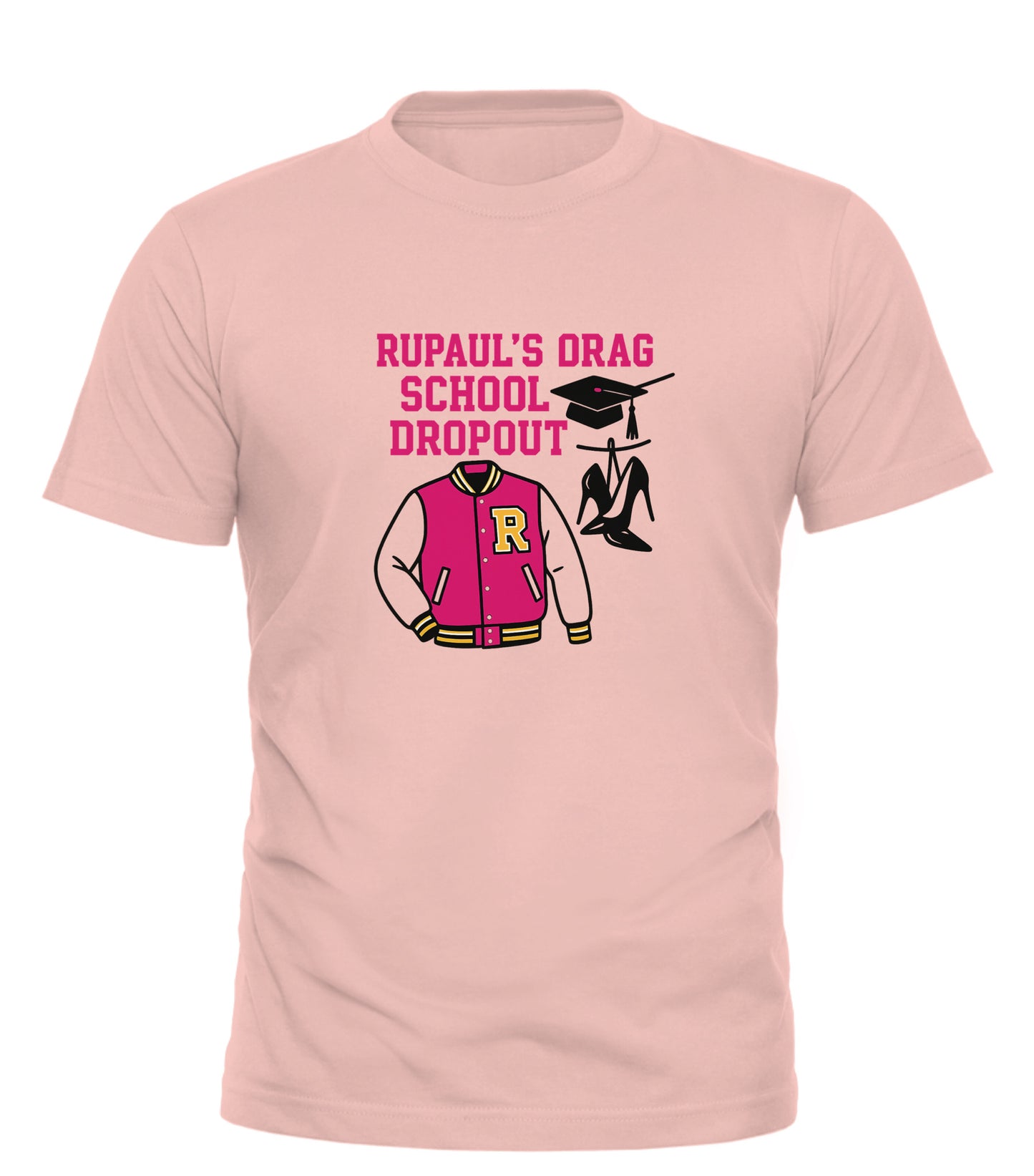 Good Trouble Garments pink RuPaul drag queen t-shirt with RuPaul's Drag School Dropout graphic