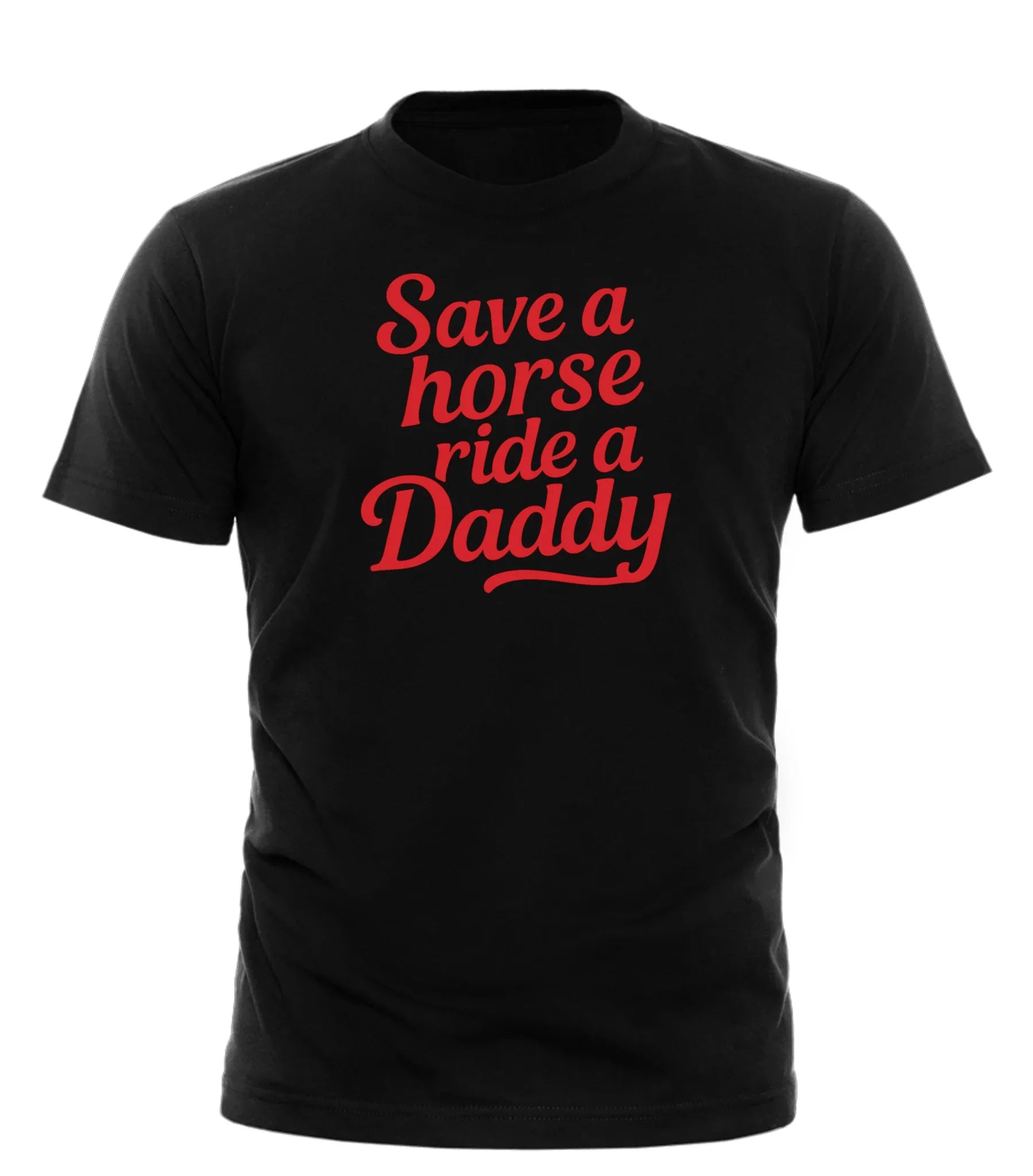 Black Good Trouble Garments t-shirt with red text save a horse ride a daddy shirt printed on front