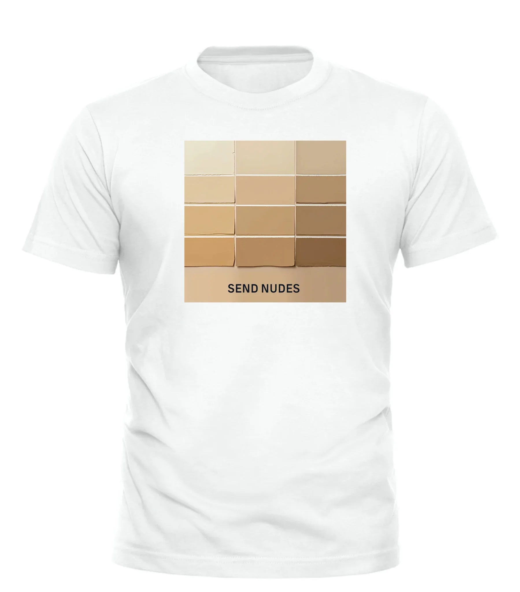 Good Trouble Garments white send nudes t-shirt with skin tone paint swatches graphic