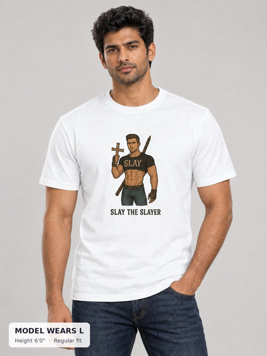 Slay the Slayer Tee on an athletic model wearing size L, 6'0" - Good Trouble Fashion