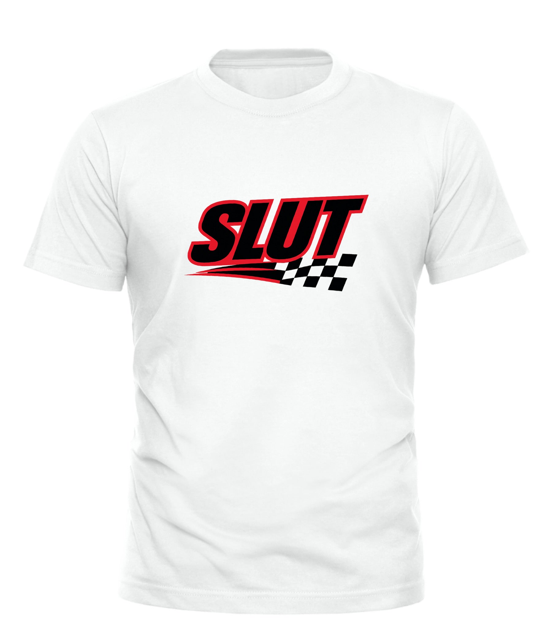 Good Trouble Garments white slut racer t-shirt for men with bold red and black graphic design