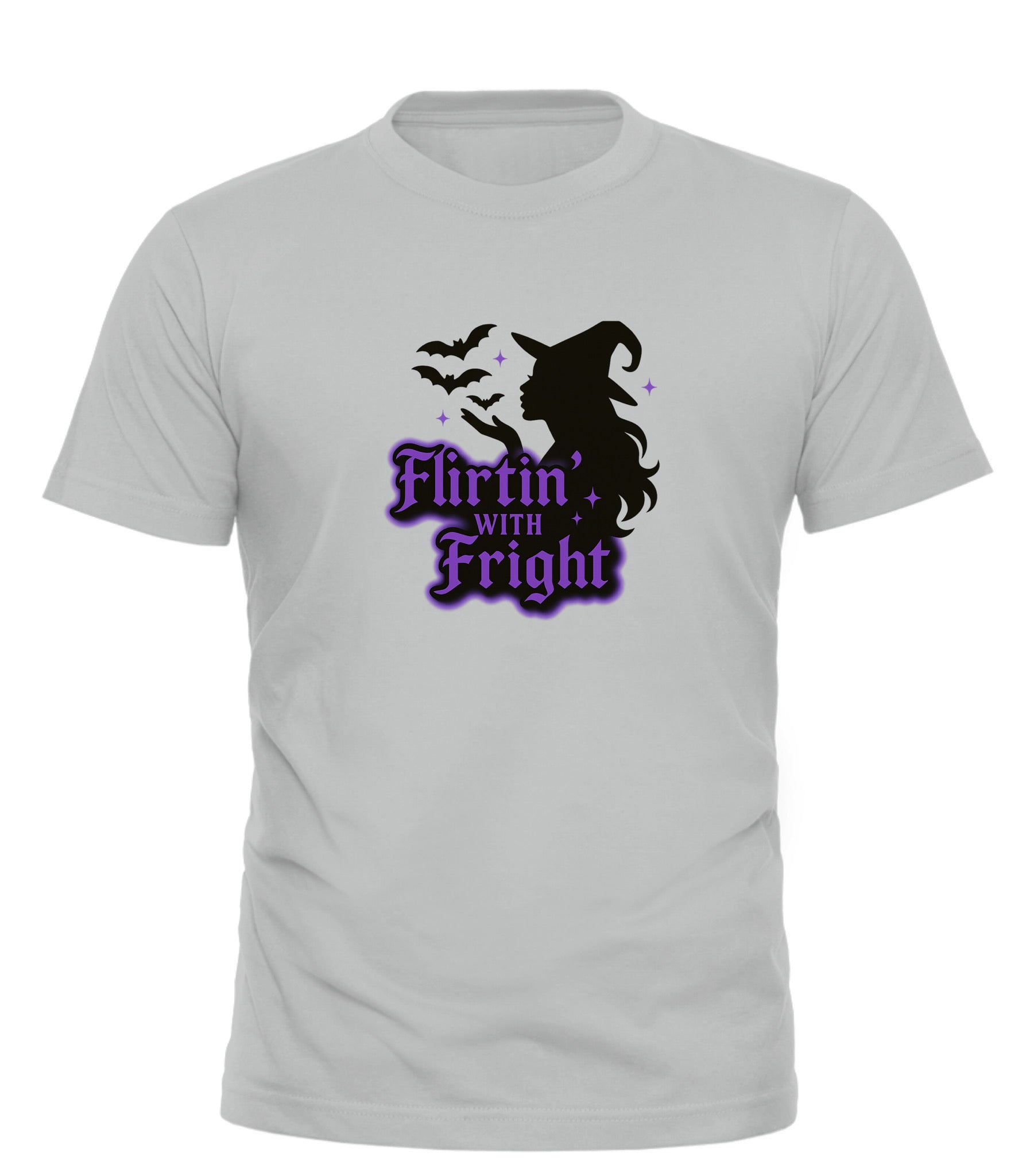 Flirting With Fright t-shirt light gray cotton tee featuring witch silhouette bats and purple logo