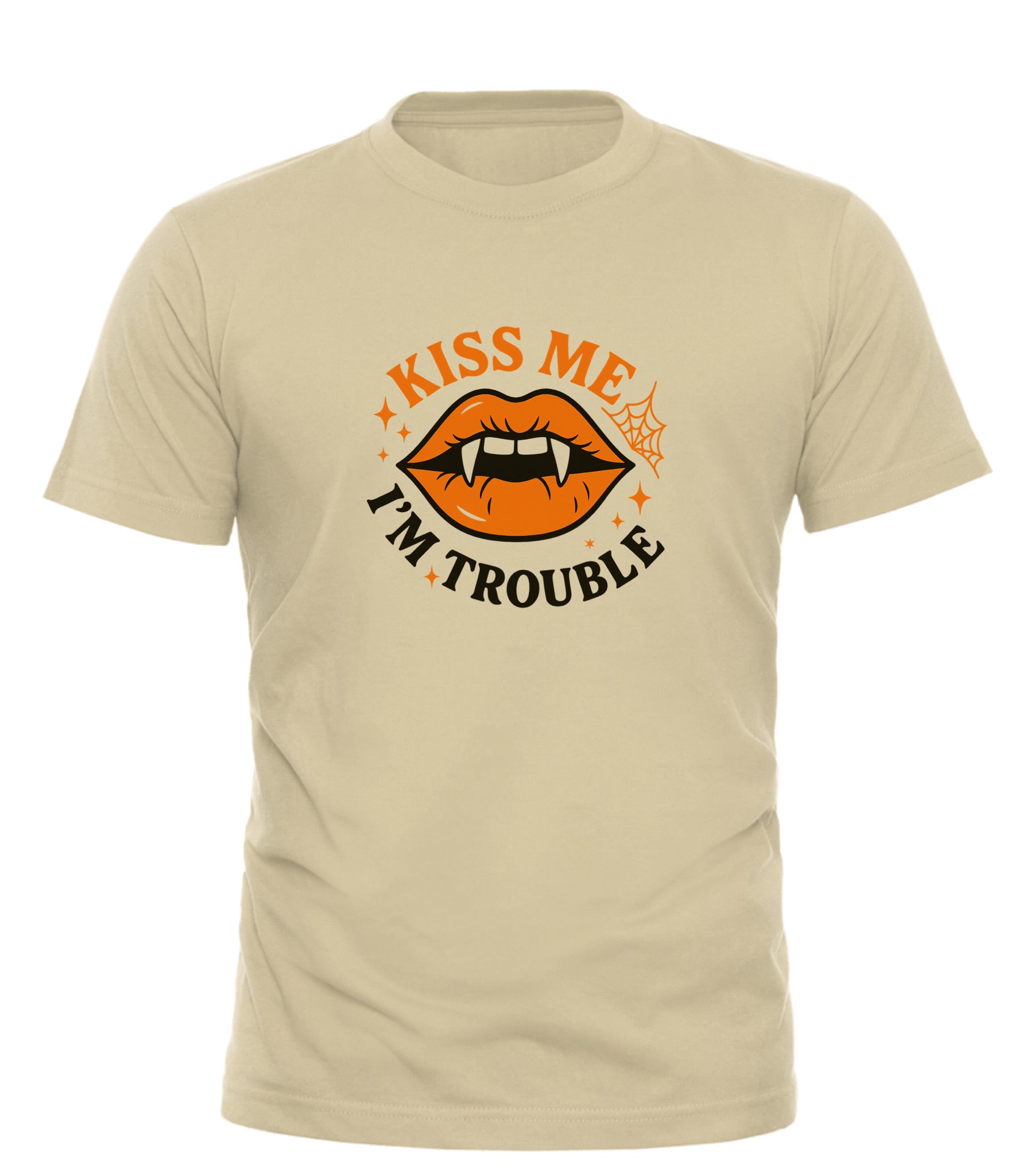 Beige Good Trouble Garments tee with orange vampire lips graphic and kiss me I’m trouble t-shirt text