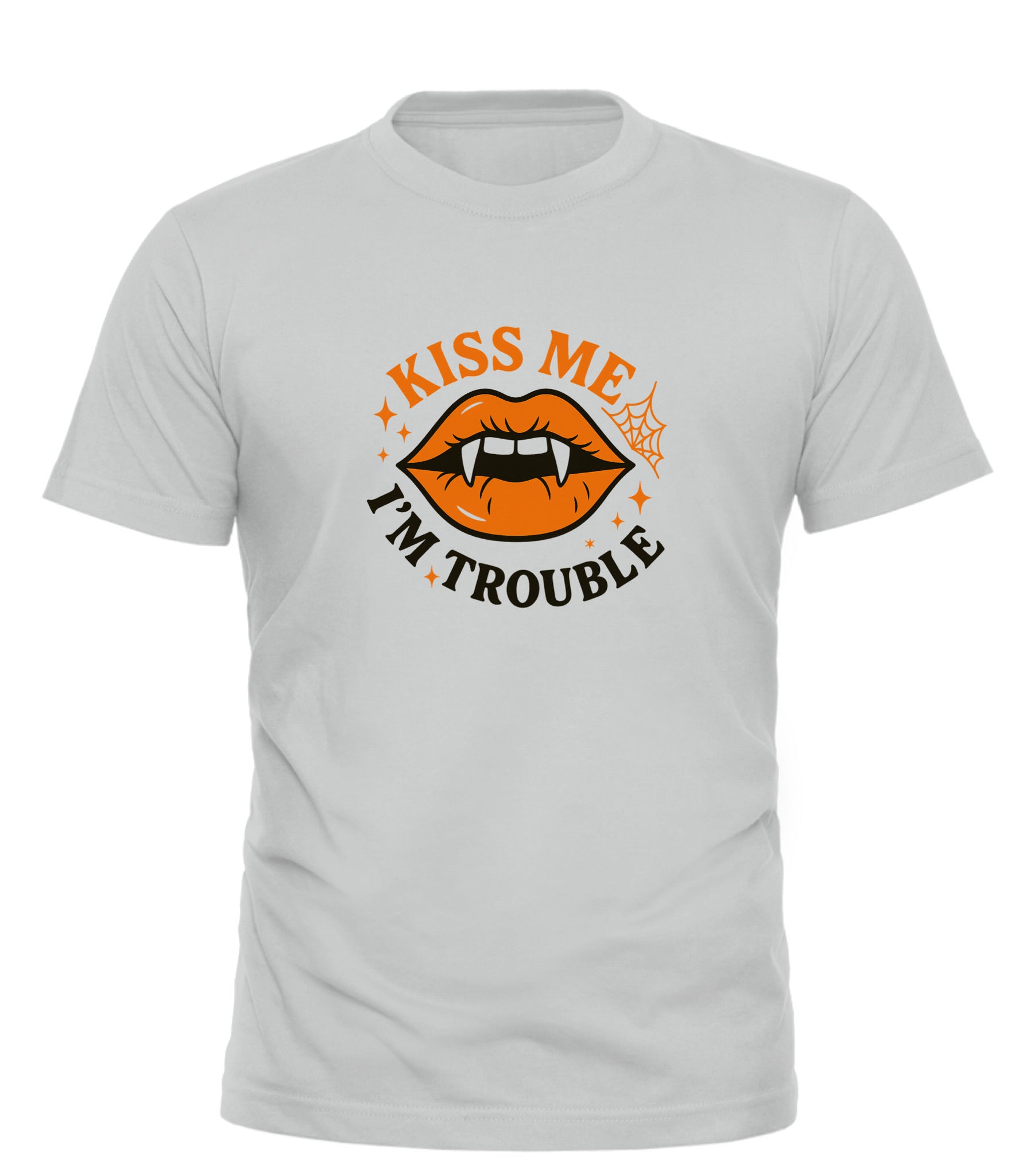 GOOD TROUBLE FASHION white tee with orange vampire lips graphic and text kiss me I’m trouble t-shirt for Halloween parties