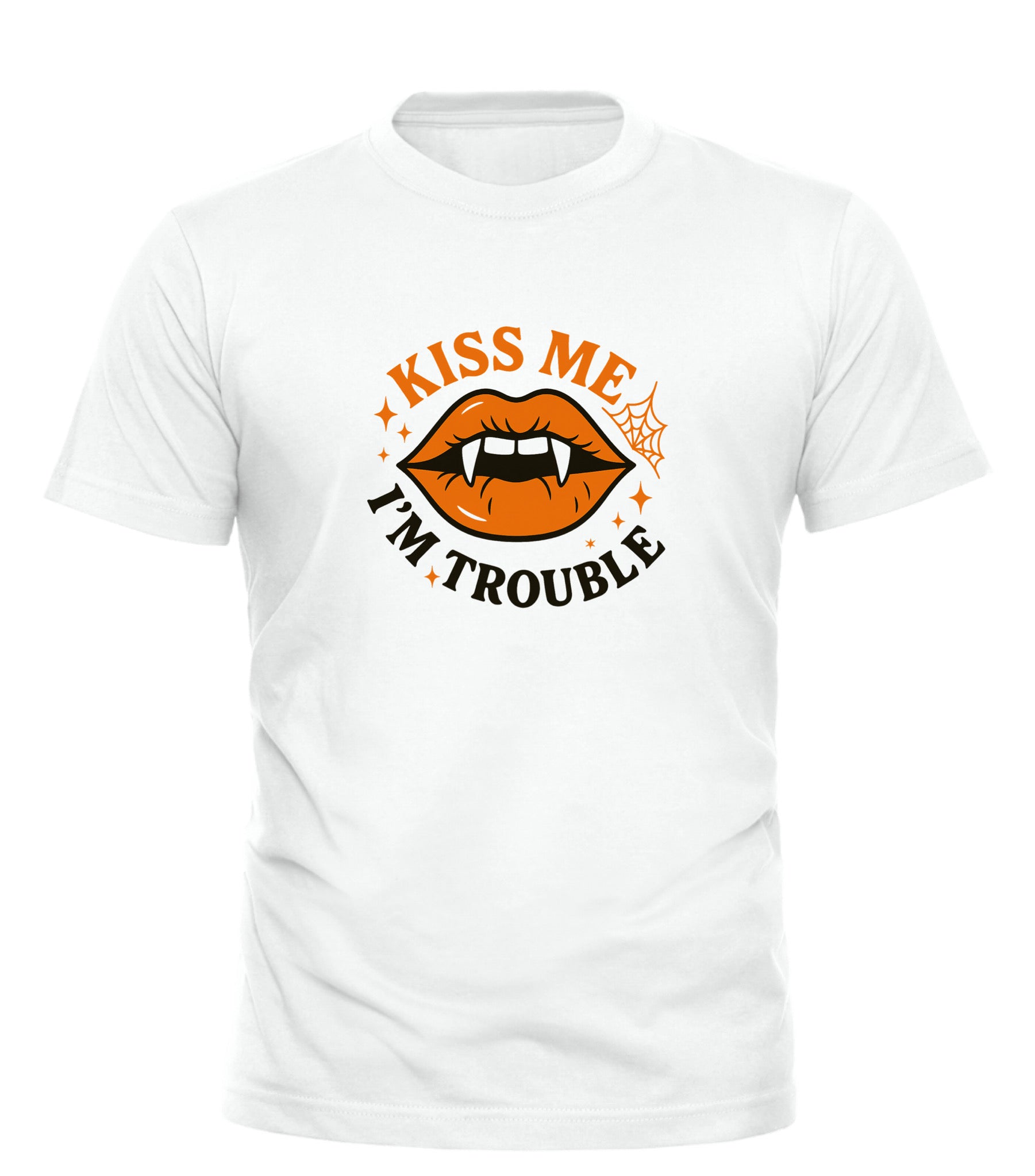 White short sleeve crew neck kiss me I’m trouble t-shirt with orange vampire lips graphic and fangs