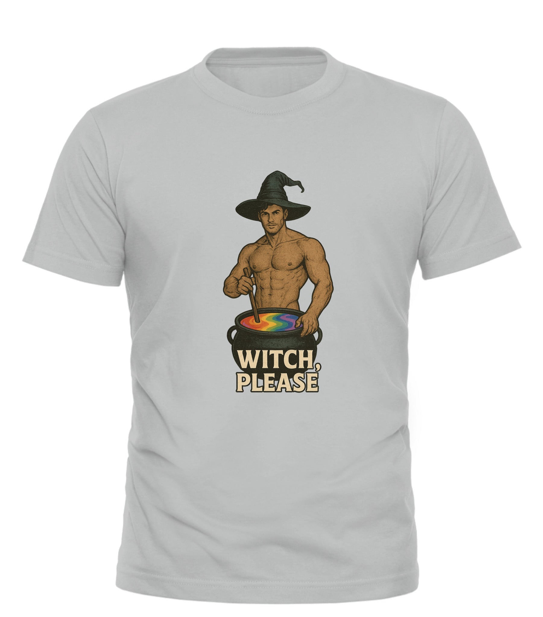 Witch Please t-shirt light gray featuring shirtless man in witch hat stirring rainbow cauldron graphic