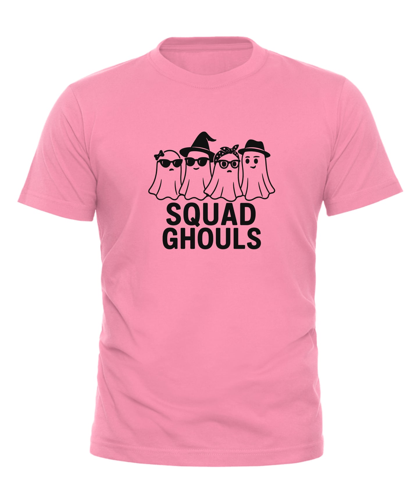 Pink squad ghouls halloween shirt with four cartoon ghosts wearing hats and glasses