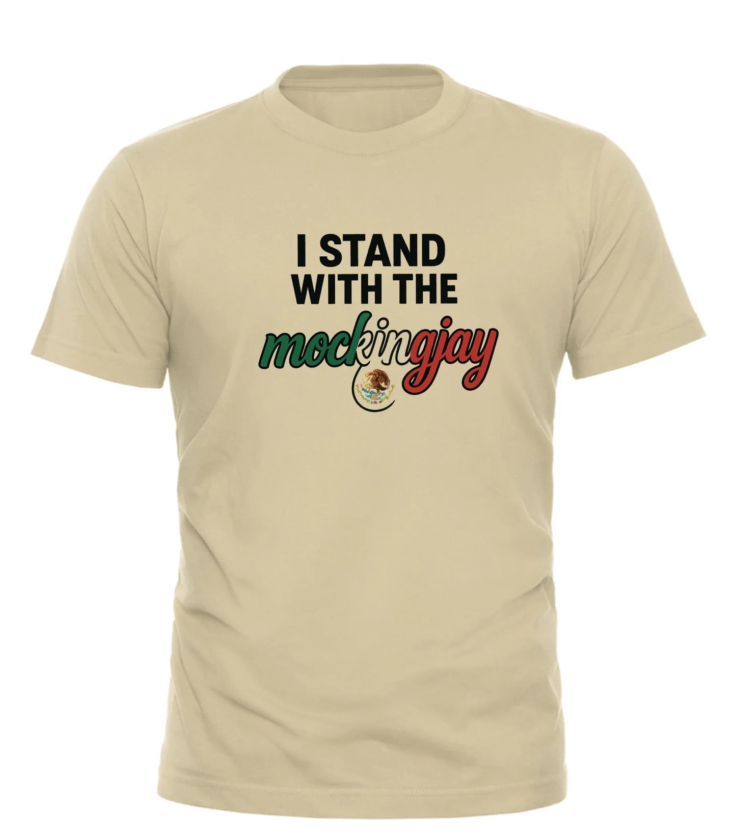Good Trouble Garments beige stand with the mockingjay shirt with black red and green text design