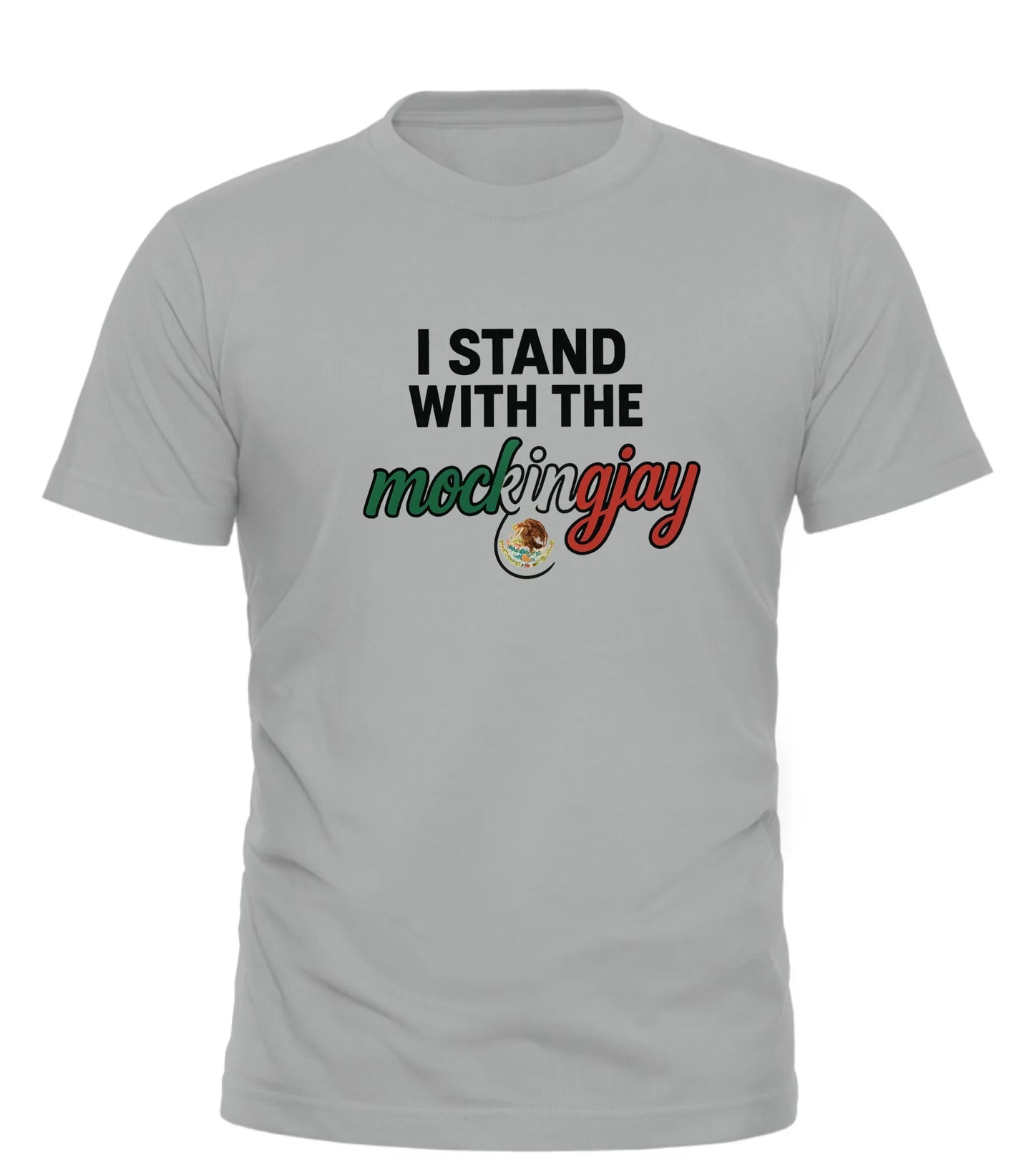 Gray Good Trouble Garments stand with the mockingjay shirt with black and colorful text design