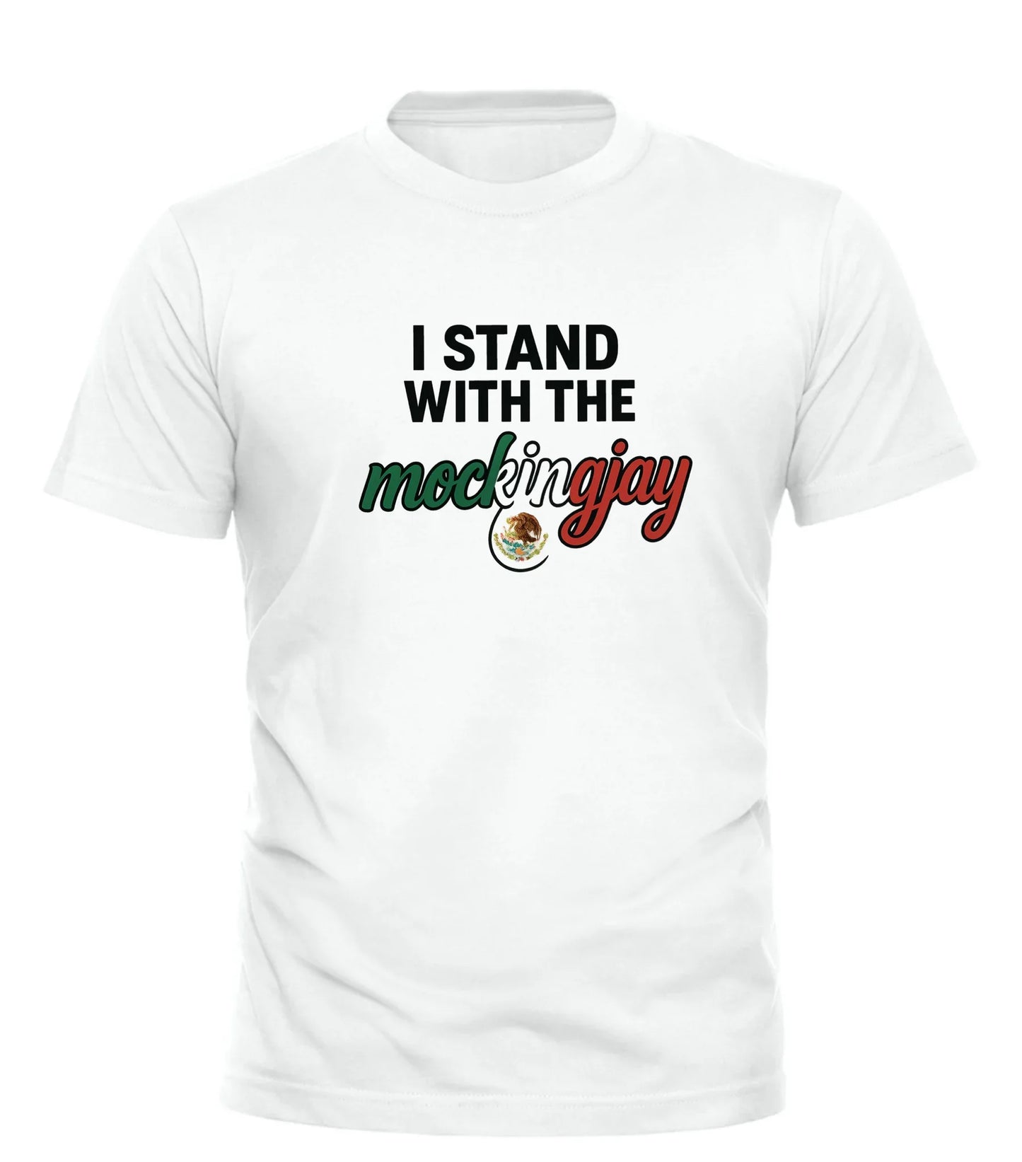 White Good Trouble Garments stand with the mockingjay shirt with black and multicolor text