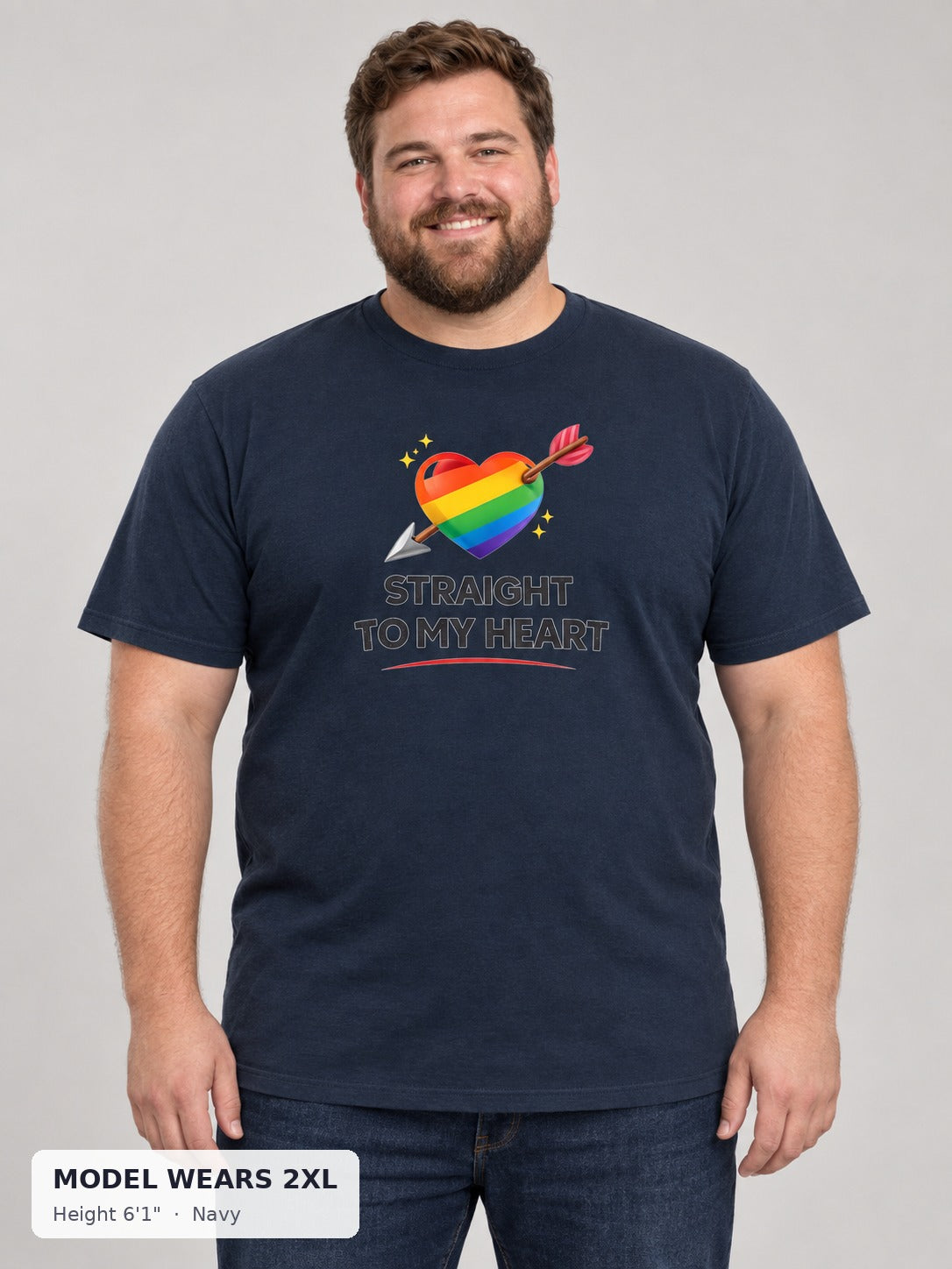 Straight to My Heart Pride Tee in Navy on a plus-size model wearing size 2XL, 6'1" - Good Trouble Fashion