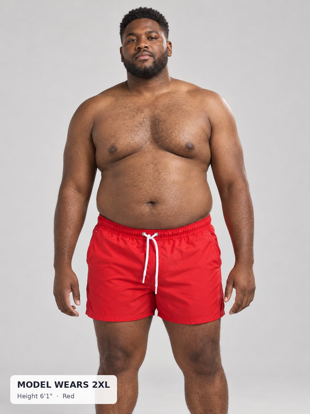 CODE 22 Drawstring Swim Shorts in Red on a plus-size model wearing size 2XL, 6'1"