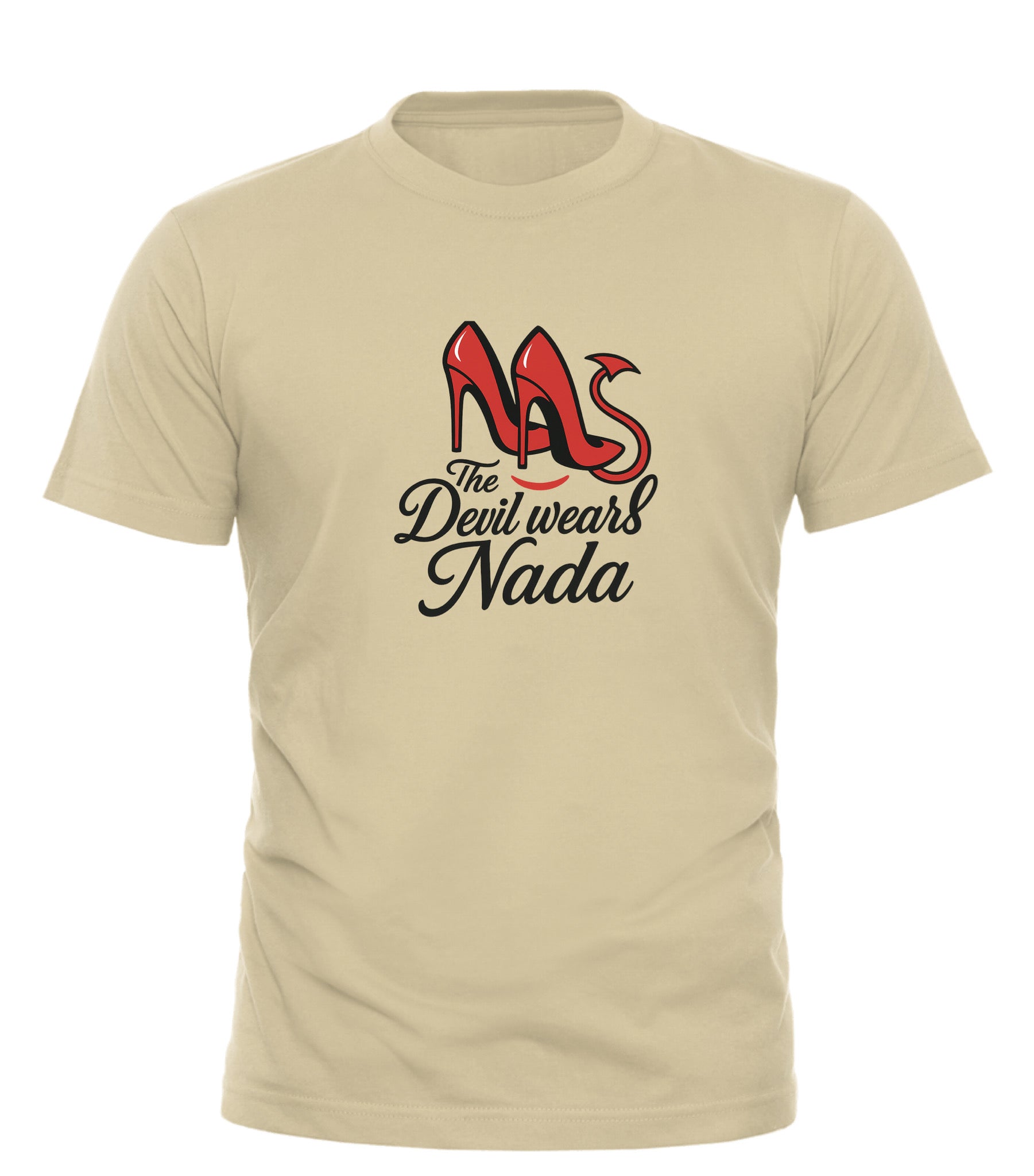 Beige Good Trouble Garments the devil wears nada tee with red high heel and scripted text design