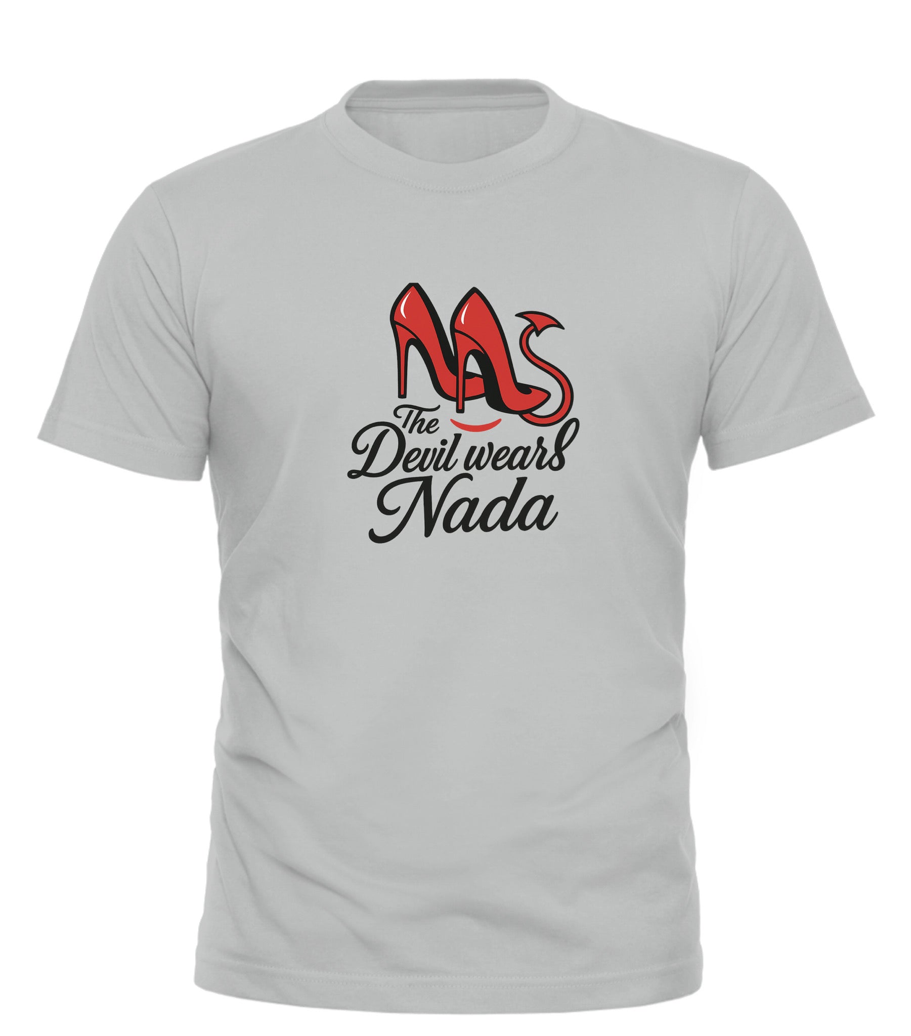 Good Trouble Garments the devil wears nada tee white shirt with red high heels graphic