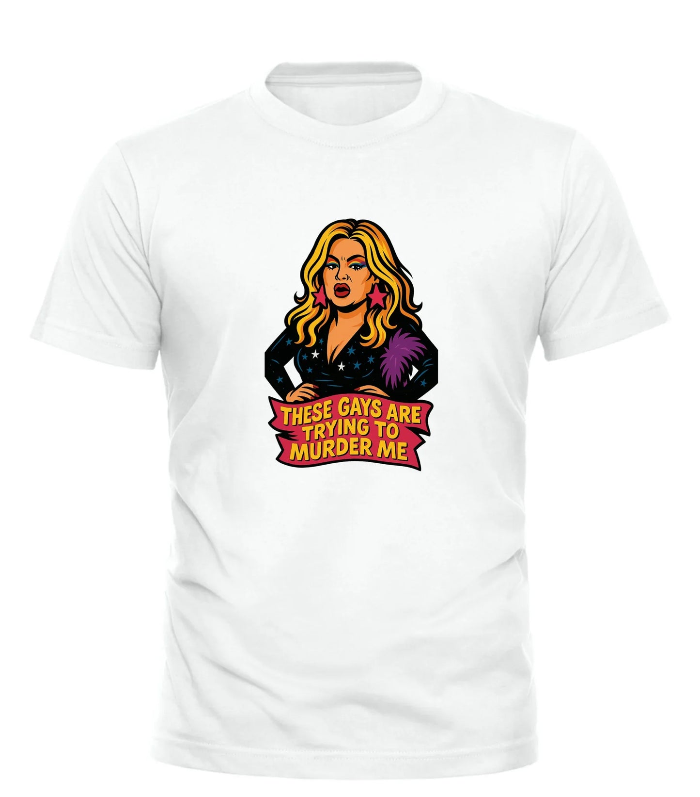 White Good Trouble Garments t-shirt with colorful graphic and text these gays are trying to murder me shirt